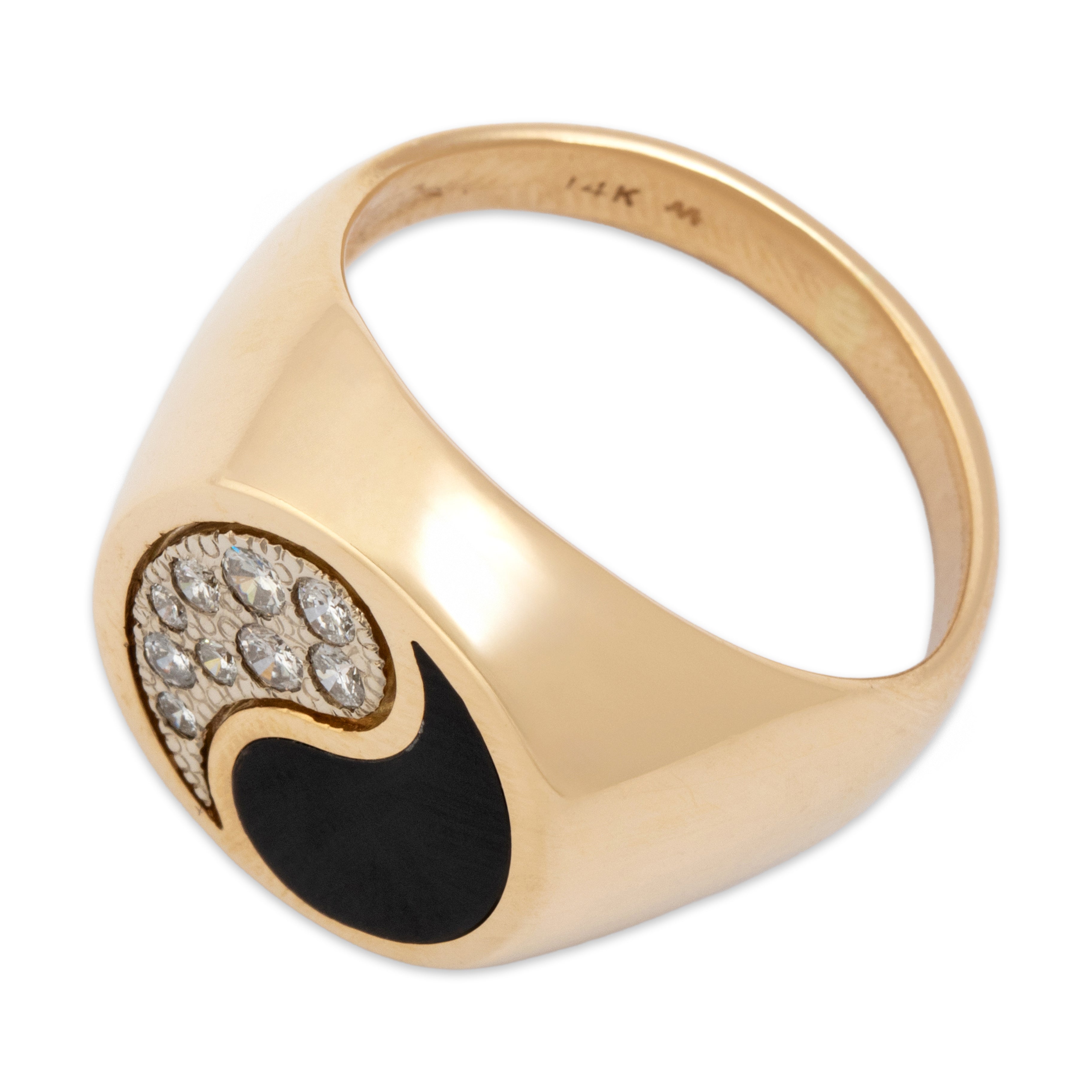 Vintage 14k Yellow Gold Diamond Funky Black Enamel Yin & Yang Motif Ring - Overall view