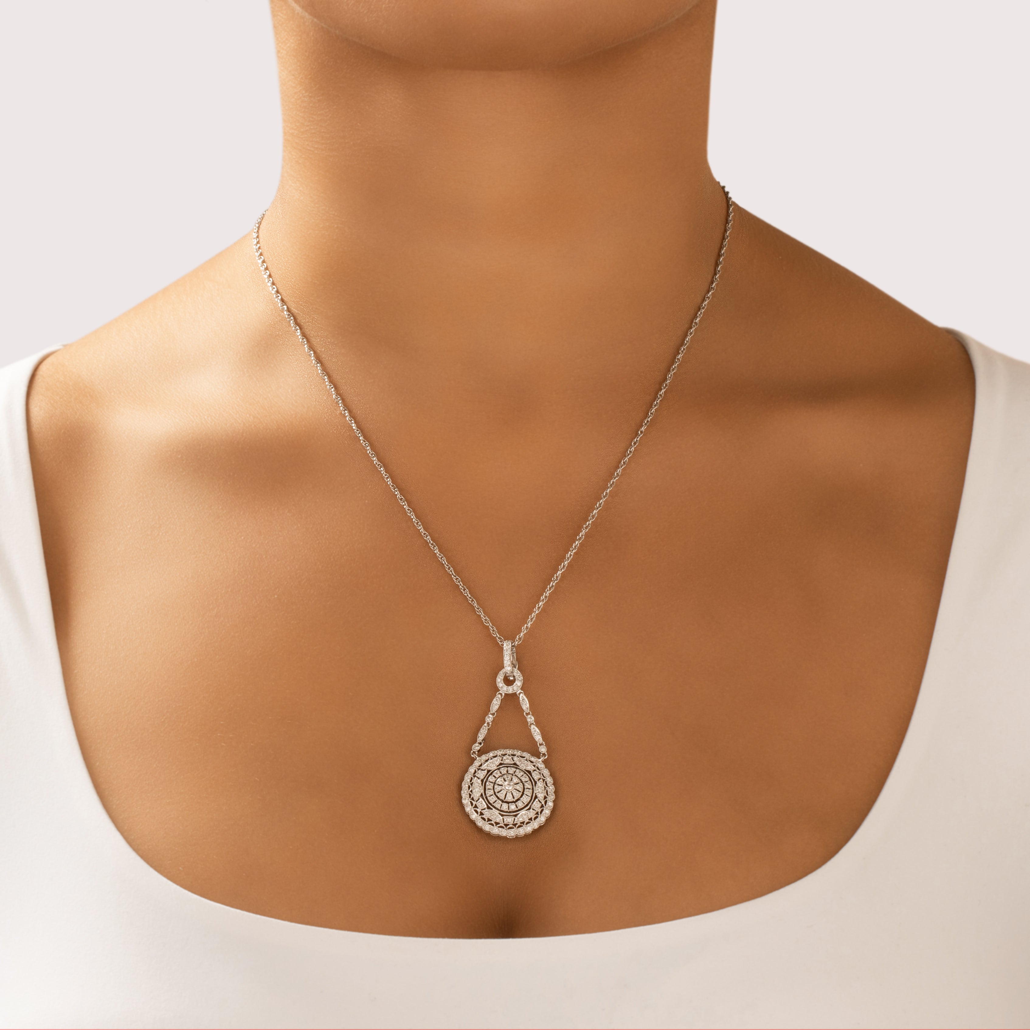 Vintage 18k White Gold Diamond Geometric Medallion Drop Pendant - On model view