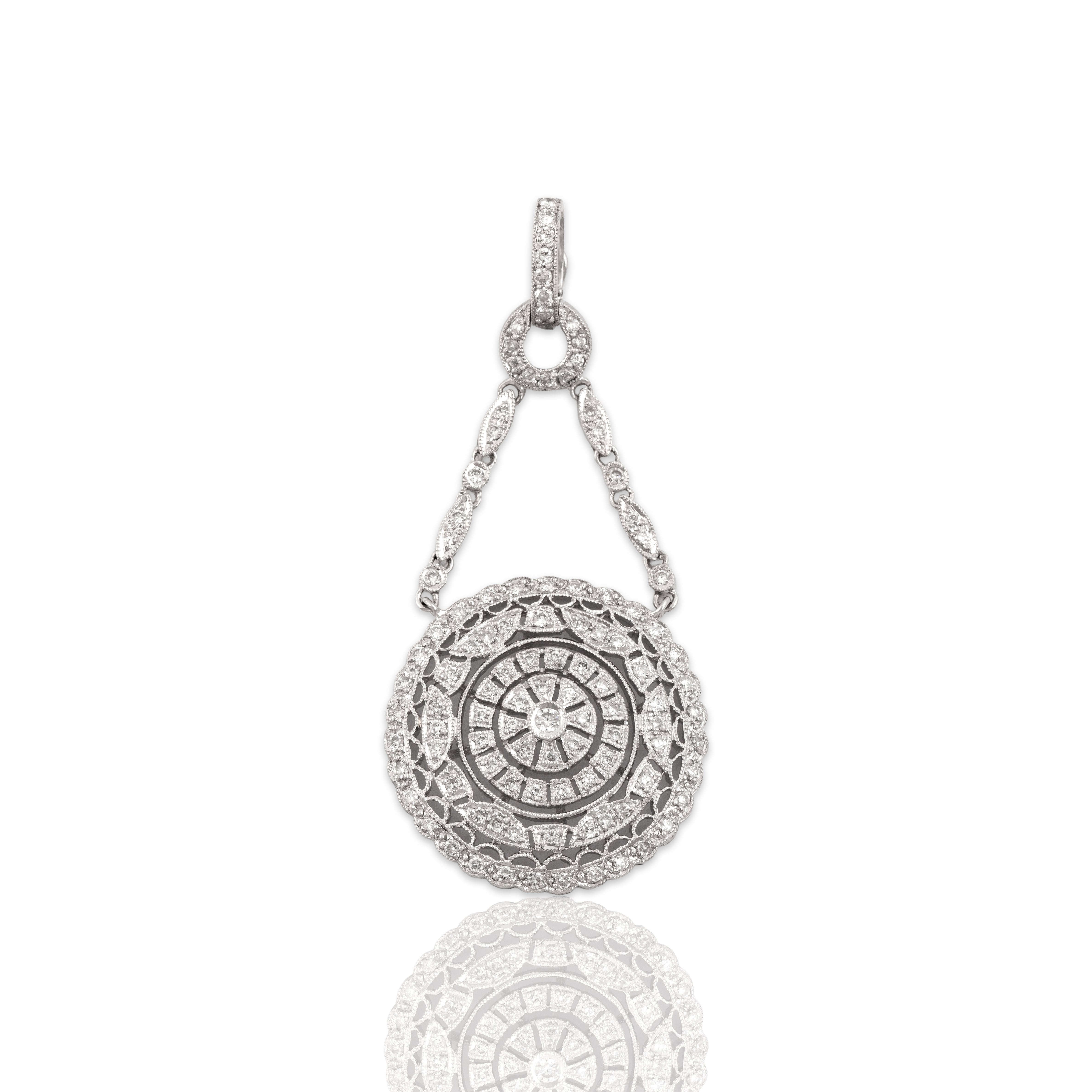 Vintage 18k White Gold Diamond Geometric Medallion Drop Pendant - Close-up view