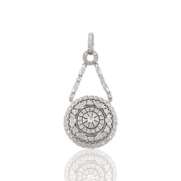 Vintage 18k White Gold Diamond Geometric Medallion Drop Pendant