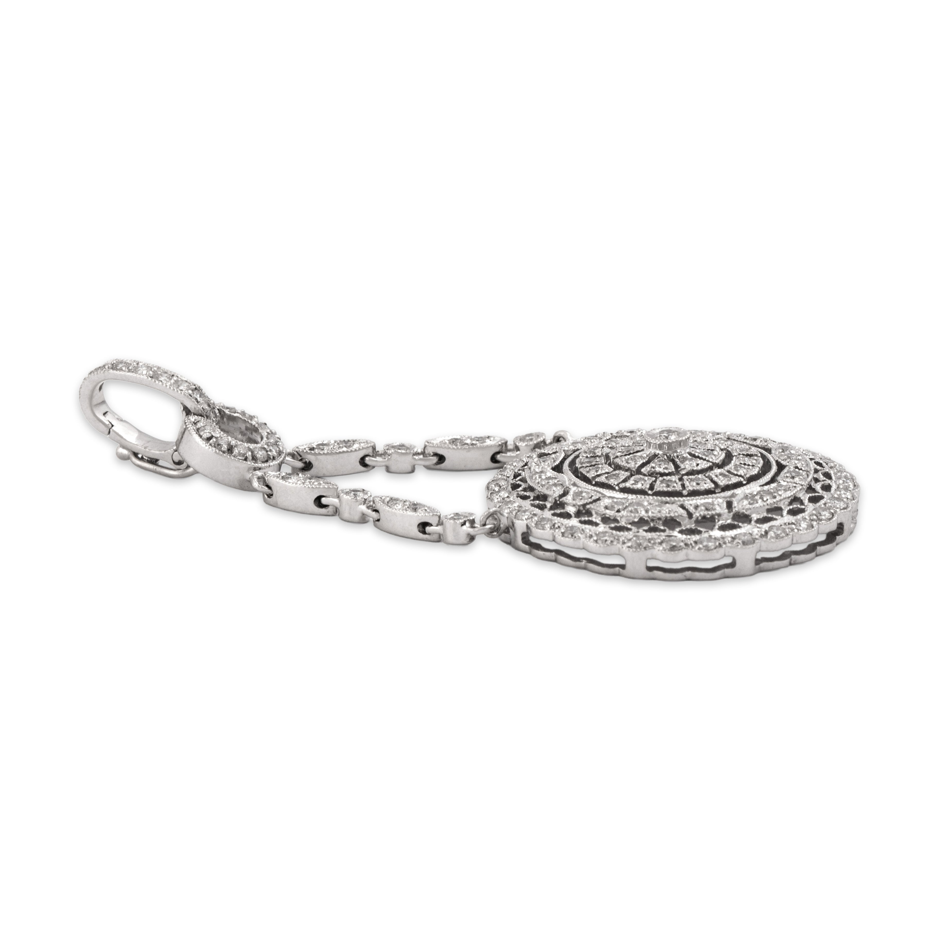 Vintage 18k White Gold Diamond Geometric Medallion Drop Pendant - Side view