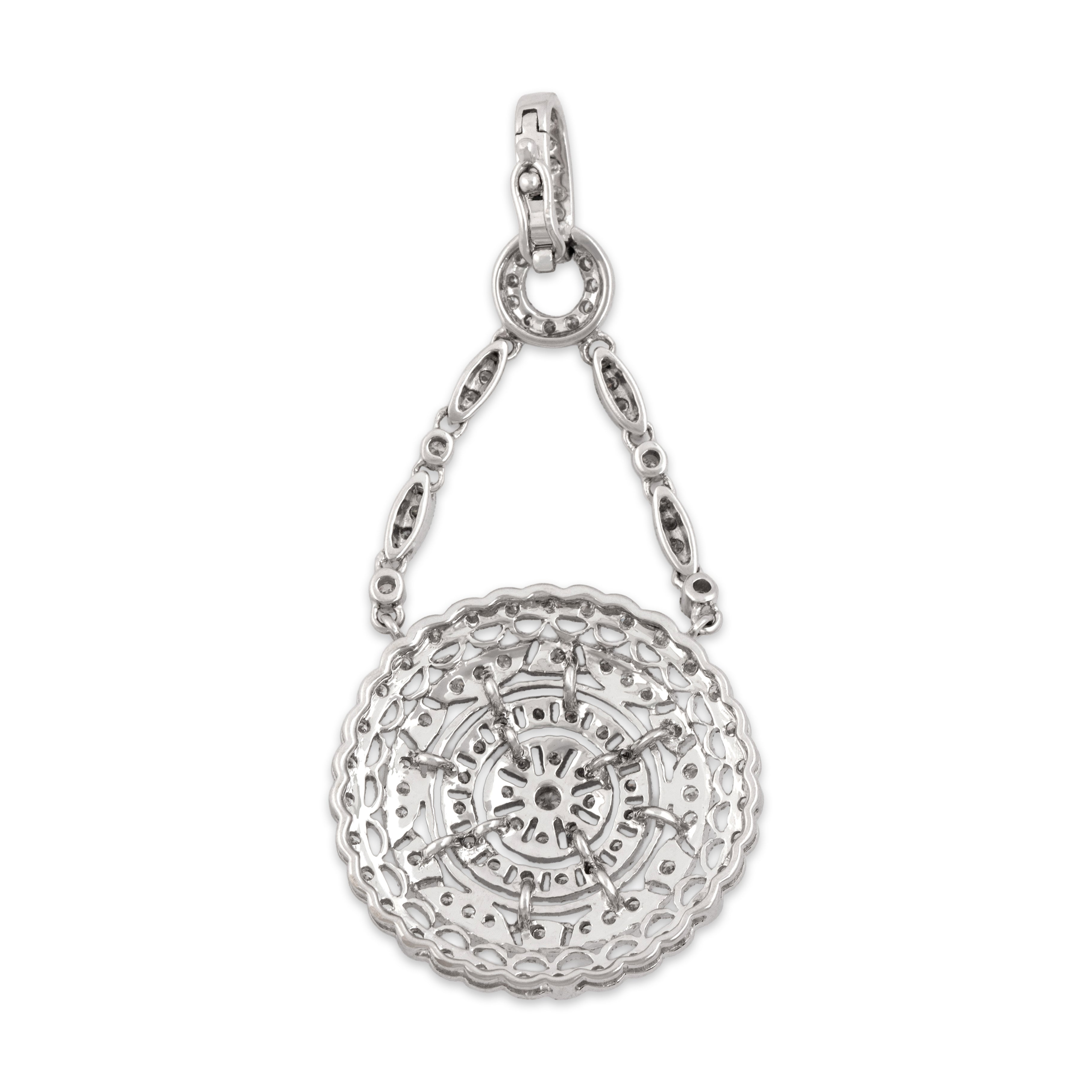 Vintage 18k White Gold Diamond Geometric Medallion Drop Pendant - Back view