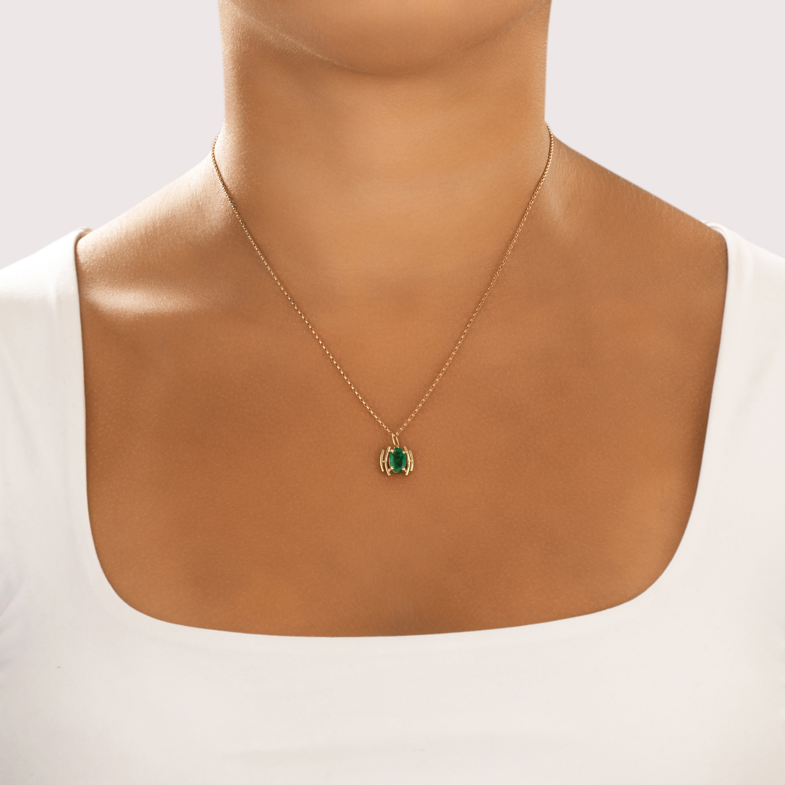 Vintage 18k Yellow Gold .98ct Emerald Vivid Geometric Oval Charm / Pendant - On model view