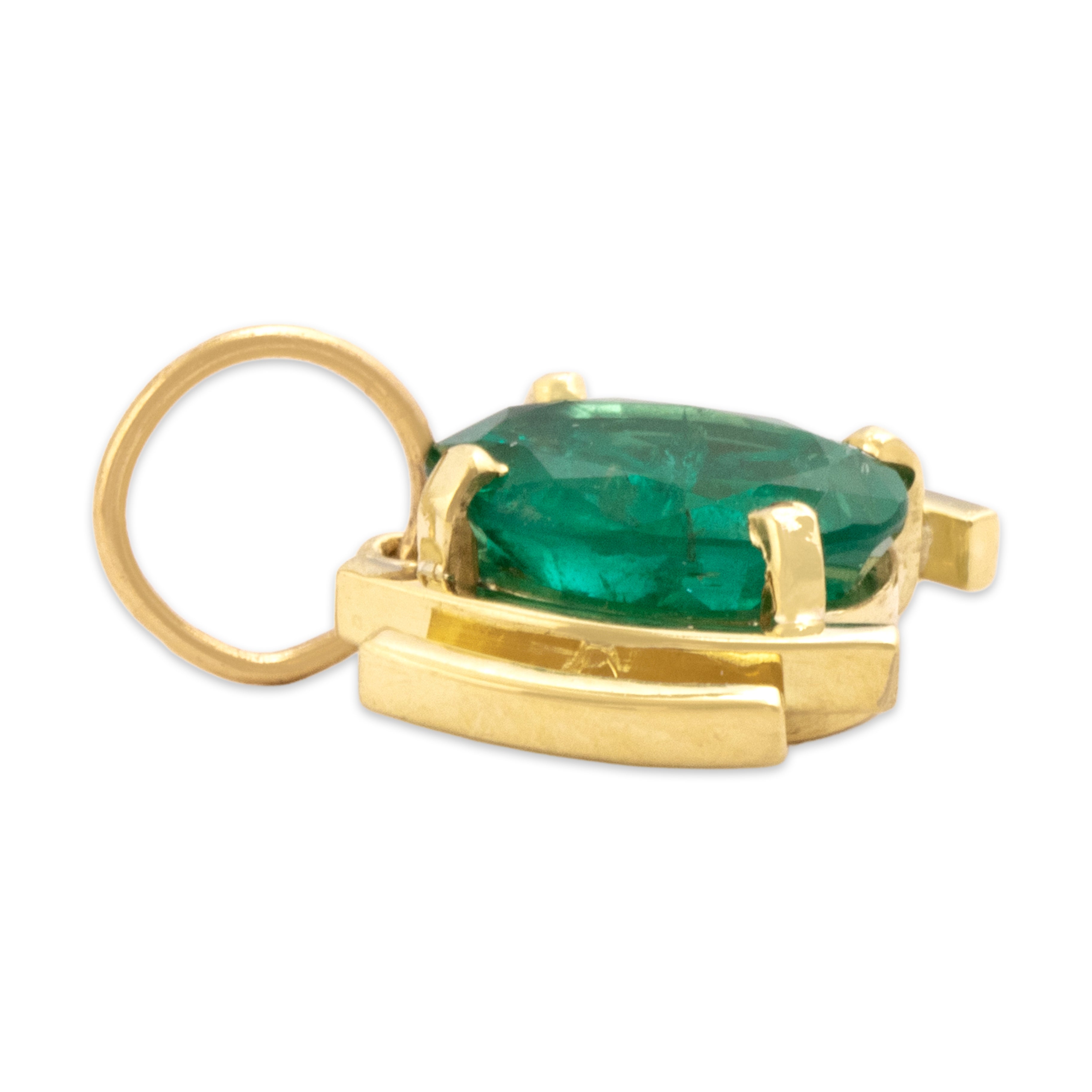 Vintage 18k Yellow Gold .98ct Emerald Vivid Geometric Oval Charm / Pendant - Side view