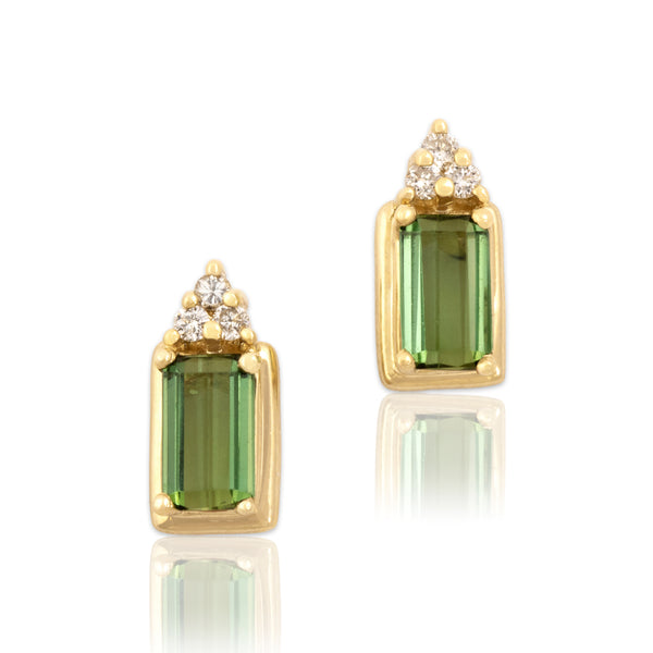 Vintage 14k Yellow Gold .89cttw Green Tourmaline Diamond Cluster Stud Earrings