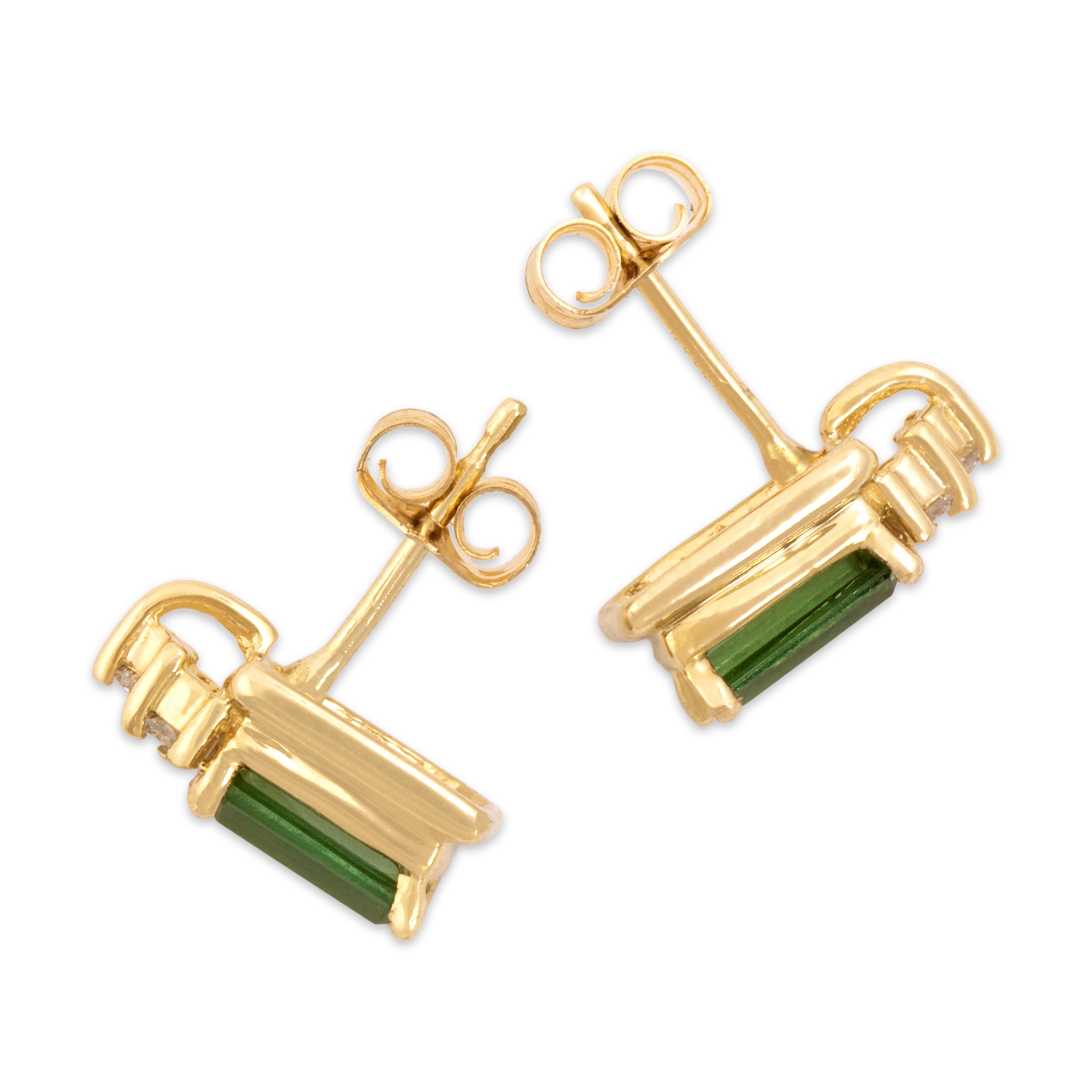 Vintage 14k Yellow Gold .89cttw Green Tourmaline Diamond Elegant Emerald-Cut Cluster Stud Earrings - Side view