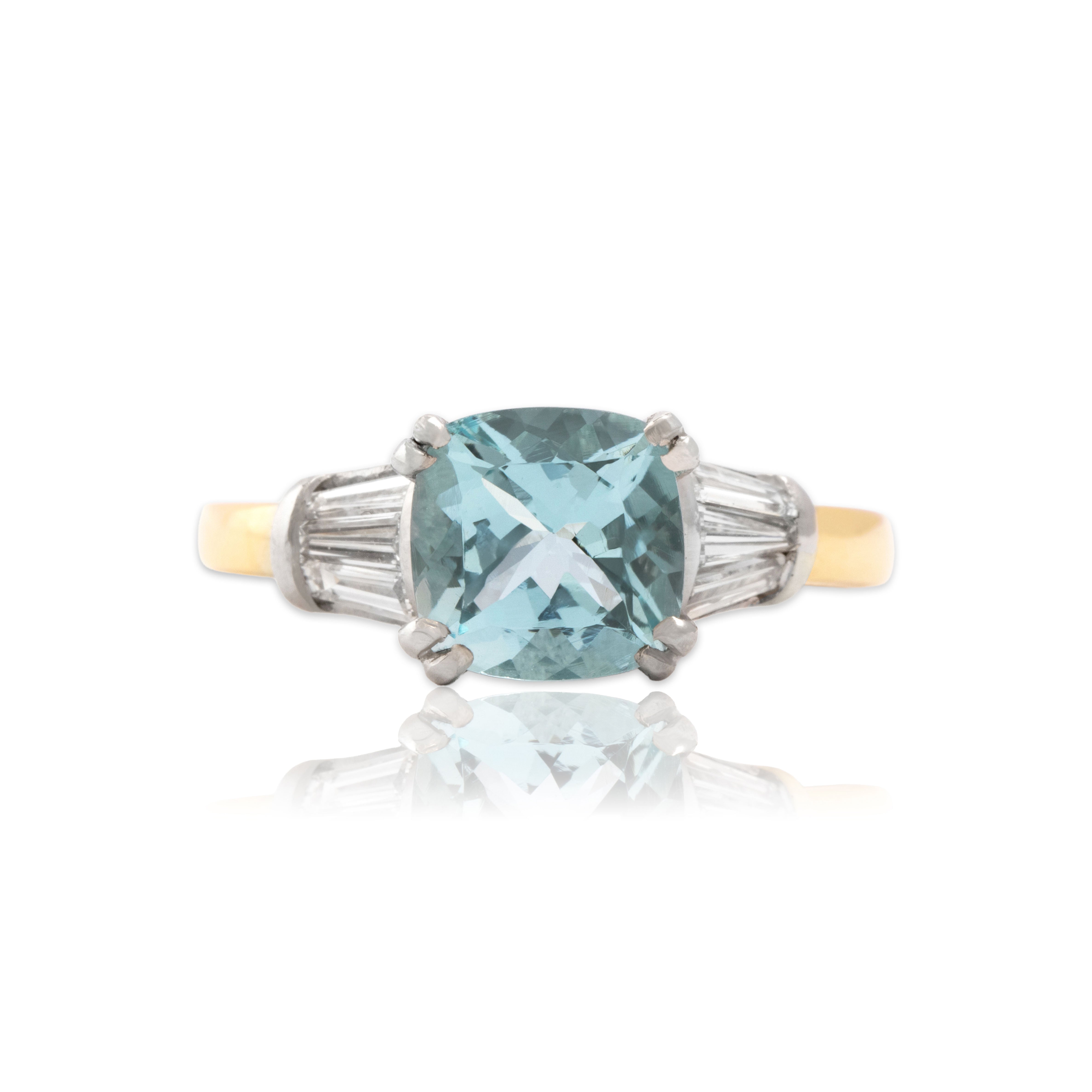 Vintage 18k Yellow Gold & Platinum 2.04ct Aquamarine Diamond Cushion Ring 8.75
