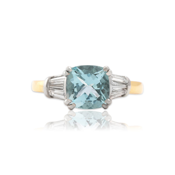 Vintage 18k Yellow Gold & Platinum 2.04ct Aquamarine Diamond Cushion Ring 8.75