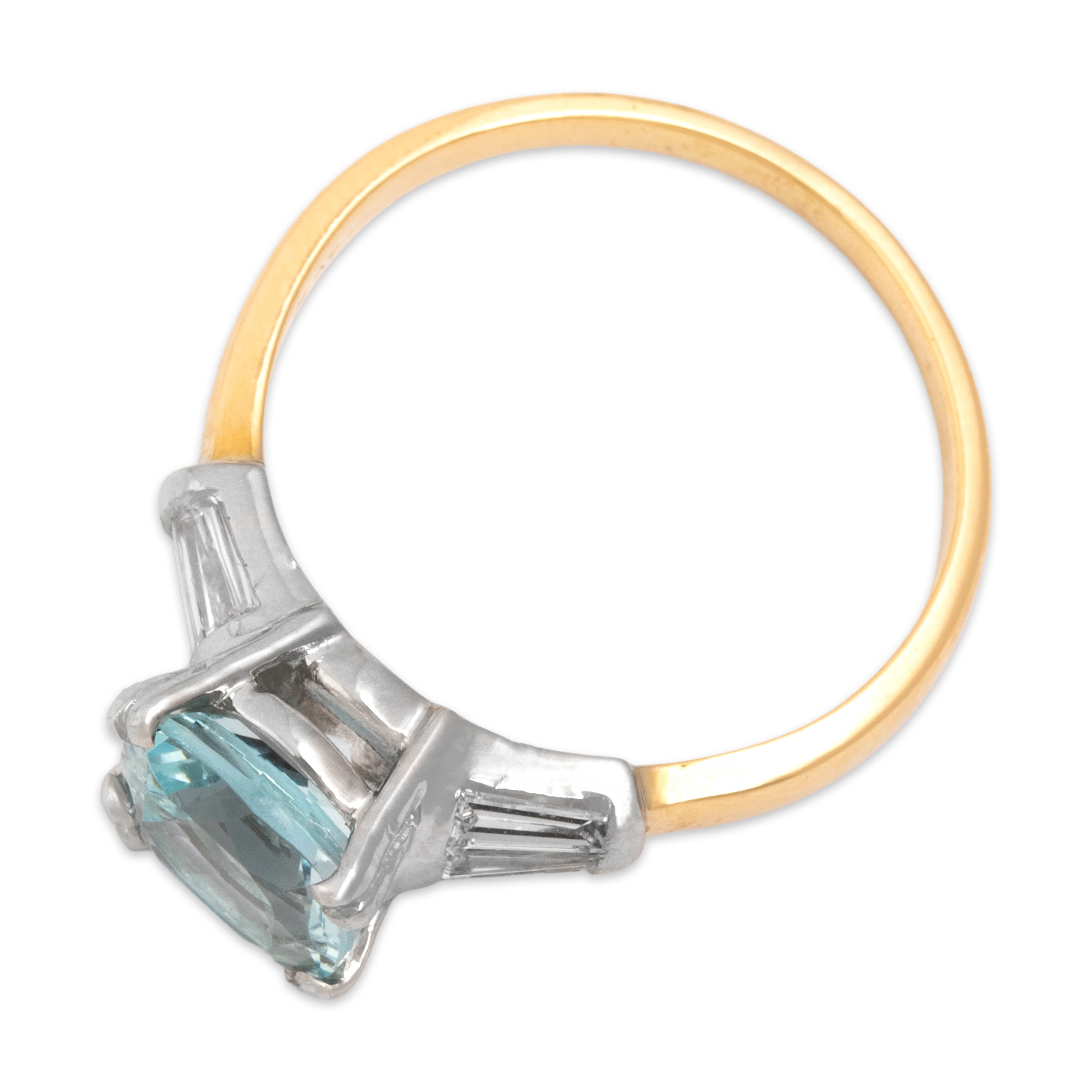 Vintage 18k Yellow Gold & Platinum 2.04ct Aquamarine Diamond Shining Cushion-Cut Baguette Shoulder Ring - Overall view