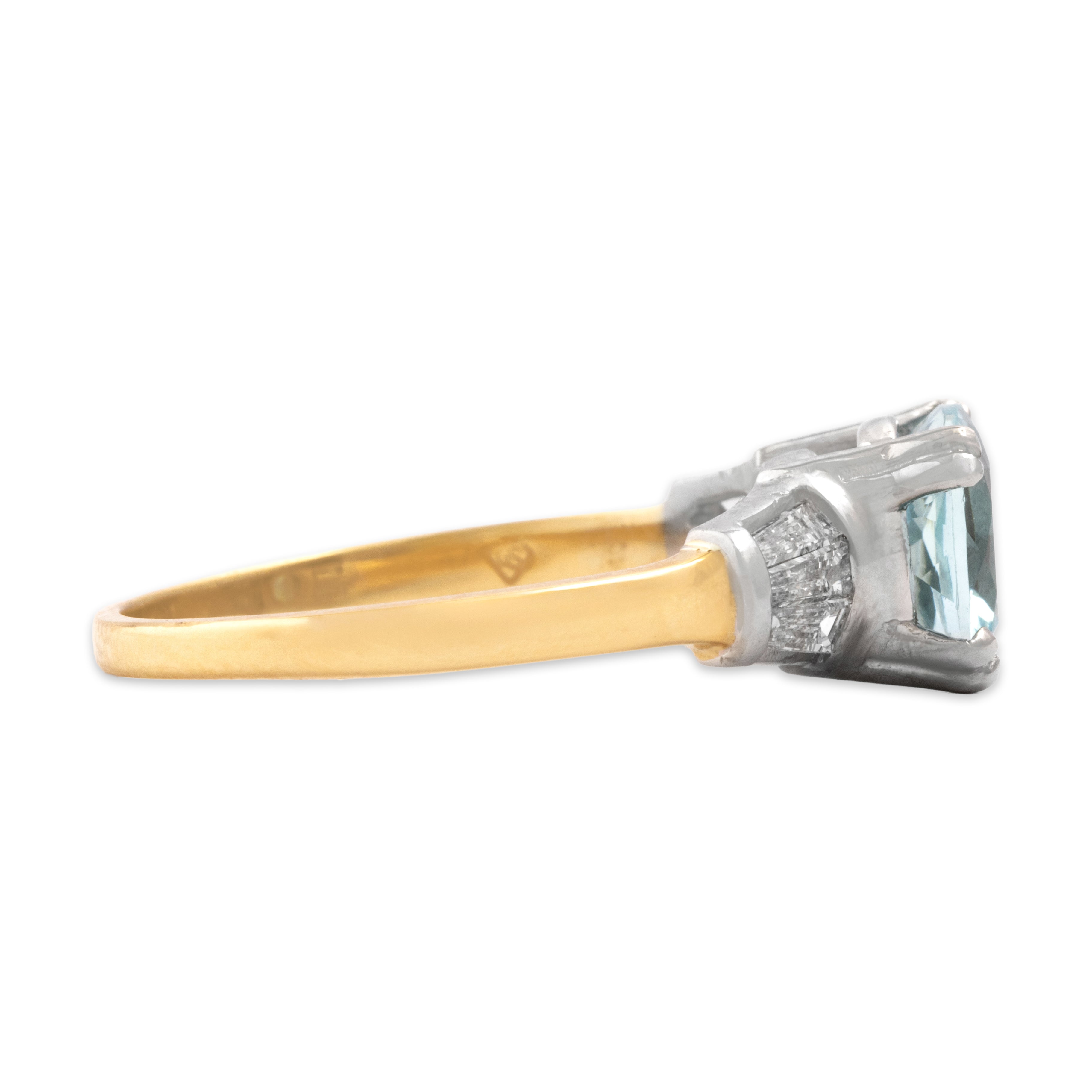 Vintage 18k Yellow Gold & Platinum 2.04ct Aquamarine Diamond Shining Cushion-Cut Baguette Shoulder Ring - Side view