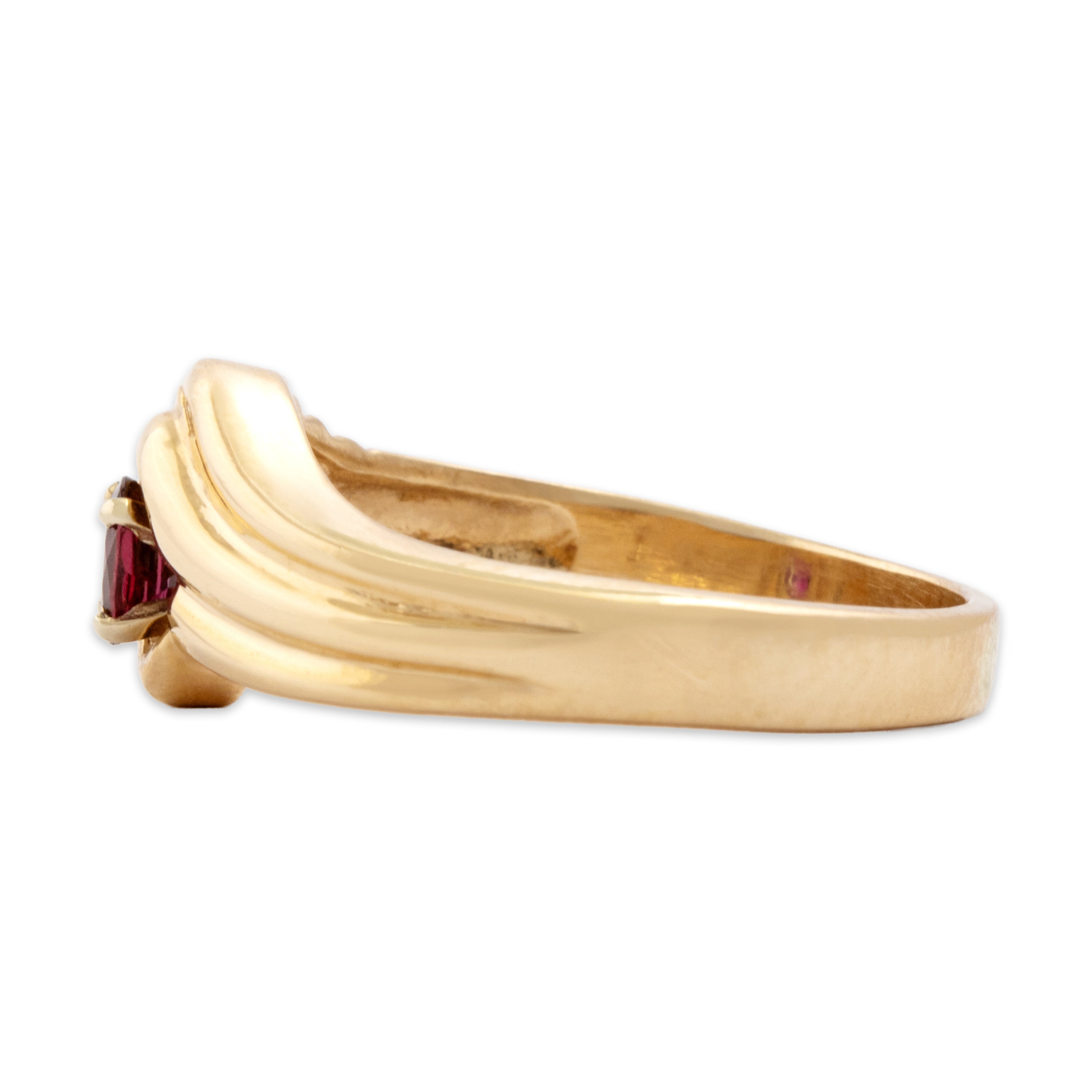 Vintage 14k Yellow Gold Ruby Gleaming Dual-Textured Shoulder Ring - Side view