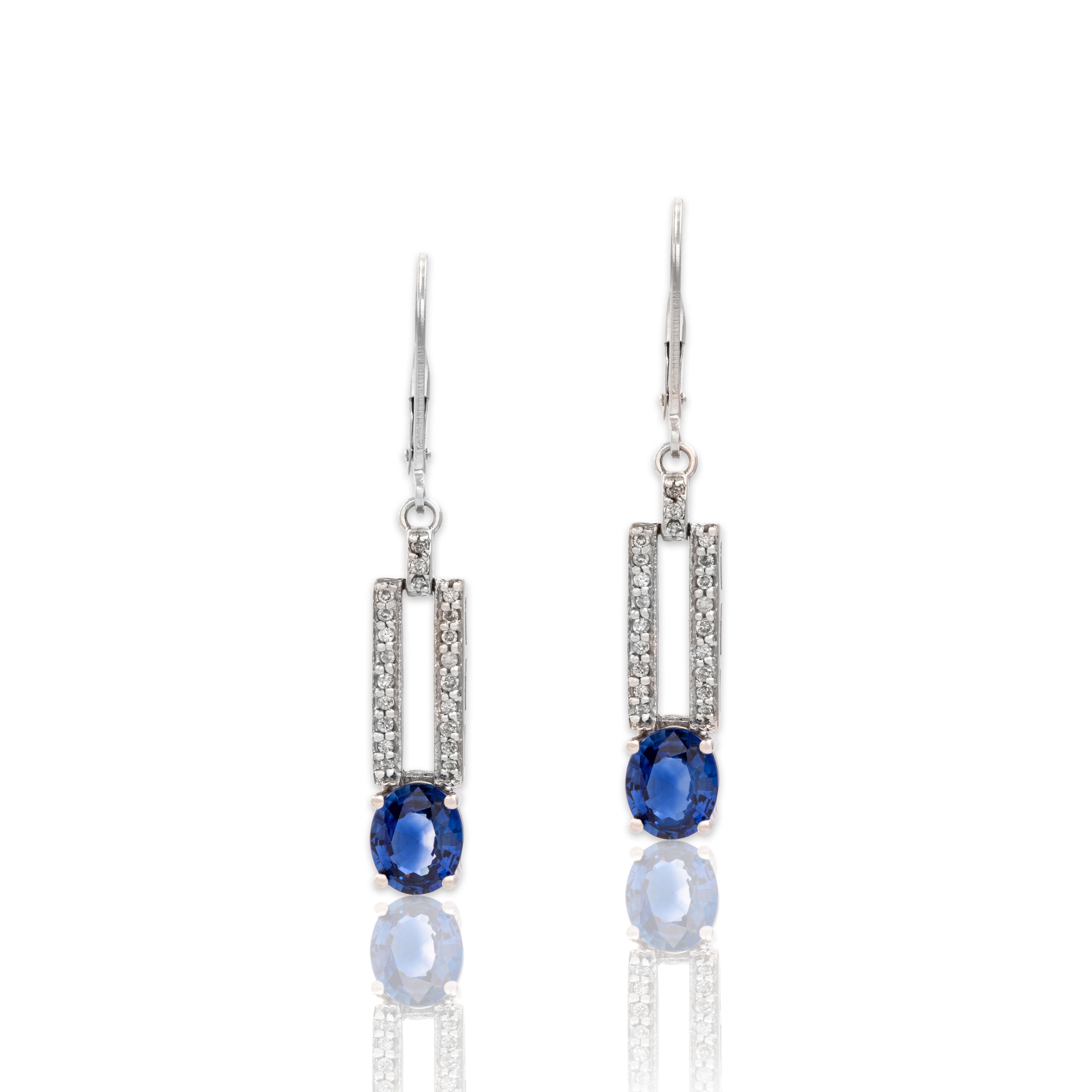 Vintage 14k White Gold 2.05cttw Blue Sapphire Diamond Elegant Dangle Earrings