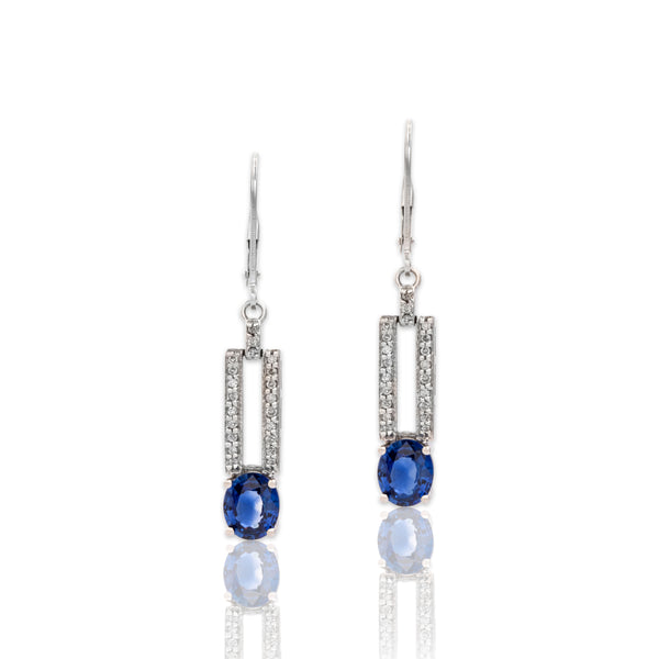 Vintage 14k White Gold 2.05cttw Blue Sapphire Diamond Elegant Dangle Earrings