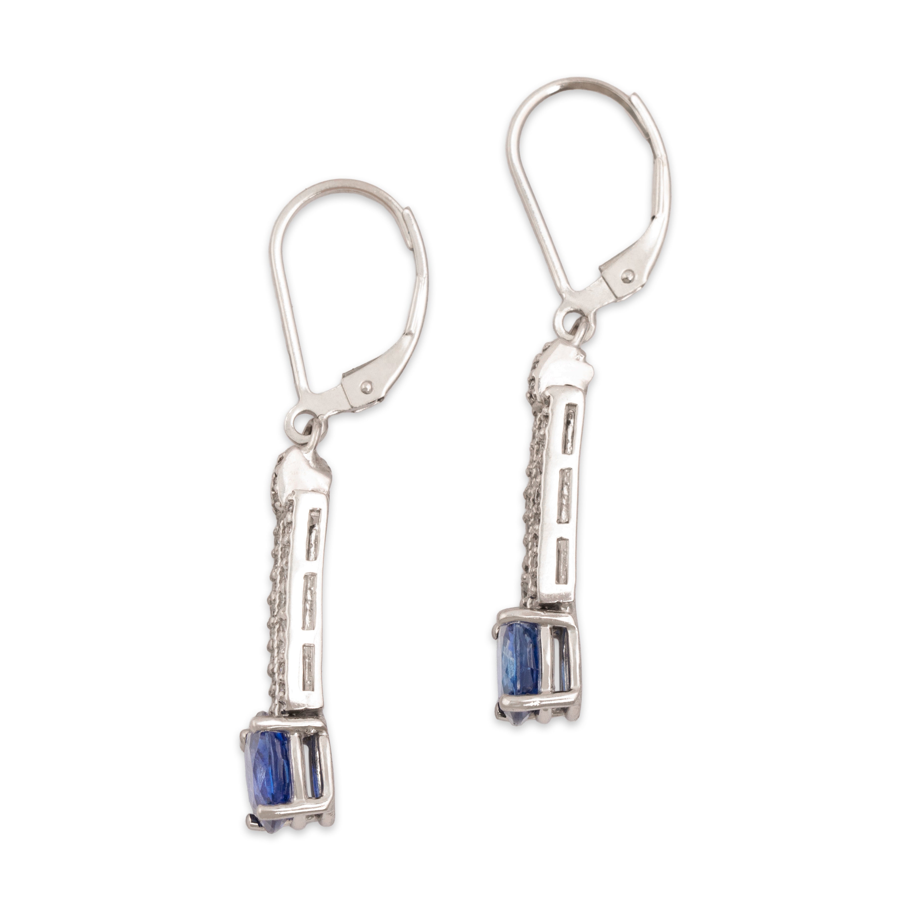 Vintage 14k White Gold 2.05cttw Blue Sapphire Diamond Open Line Oval Drop Dangle Earrings - Side view