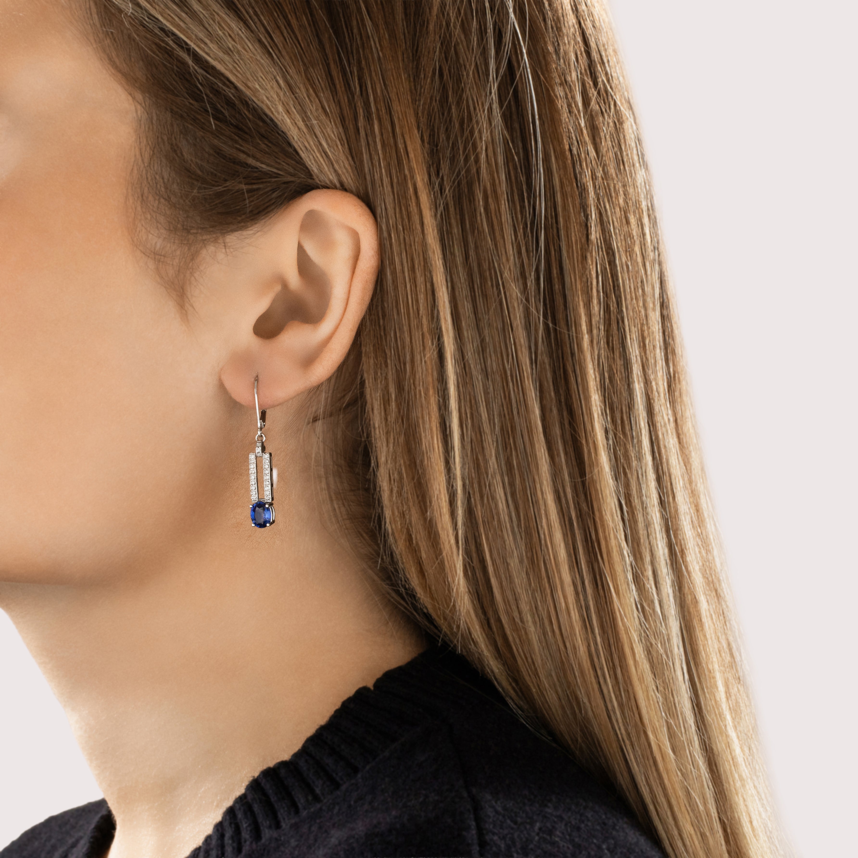 Vintage 14k White Gold 2.05cttw Blue Sapphire Diamond Open Line Oval Drop Dangle Earrings - On model view