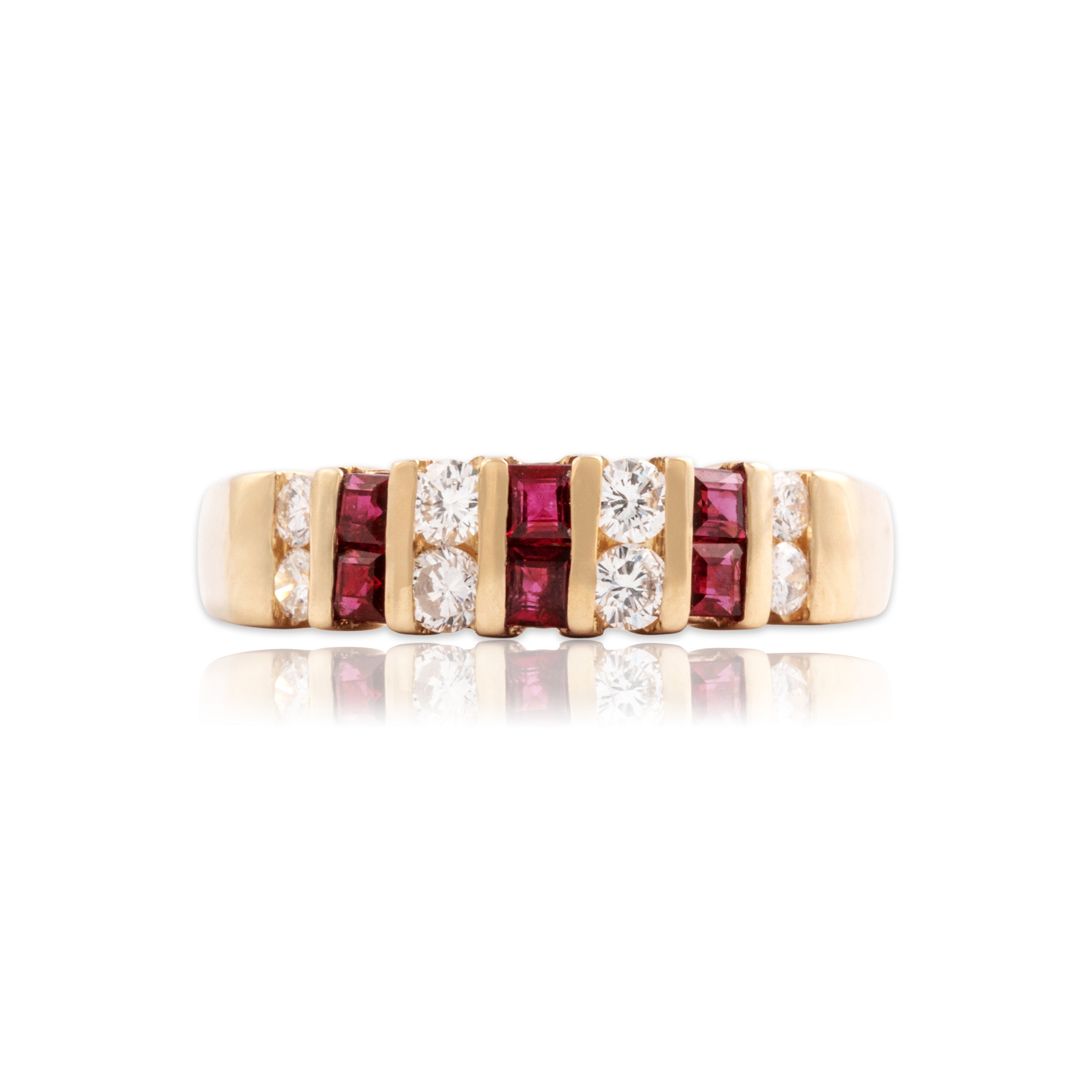 Vintage 14k Yellow Gold Ruby Diamond Chic Dual-Cut Channel Band Ring 5.00