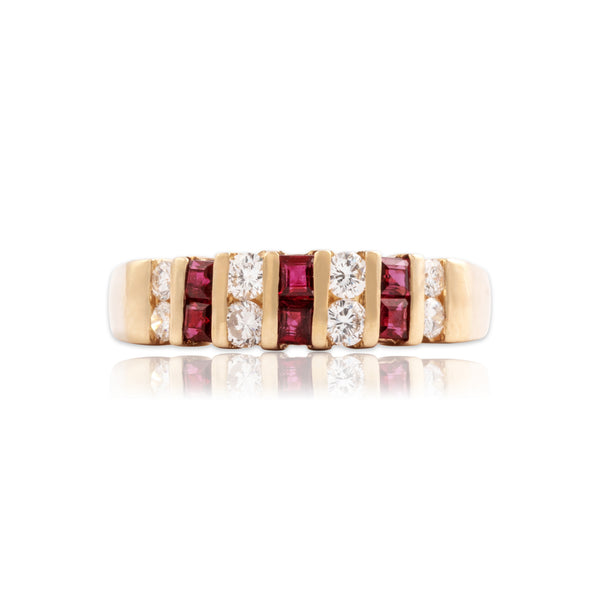Vintage 14k Yellow Gold Ruby Diamond Chic Dual-Cut Channel Band Ring 5.00