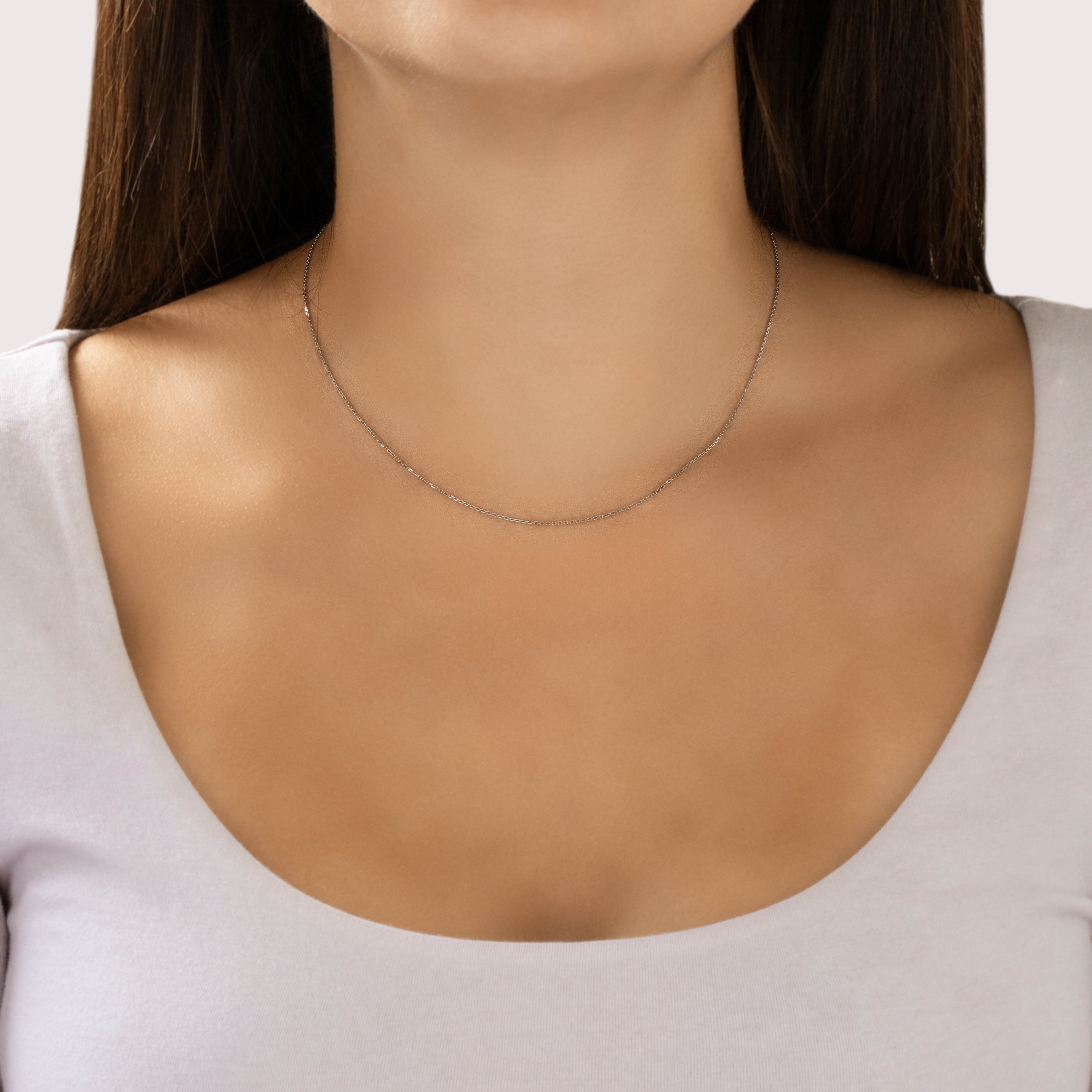 Vintage Italian 14k White Gold Classic Delicate Cable .9mm Chain - On model view