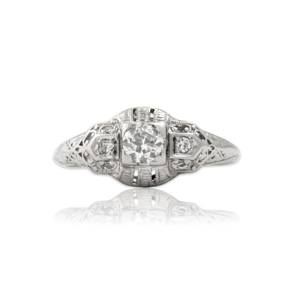 Antique Art Deco 19k White Gold Old European Cut Diamond Filigree Ring 6.50