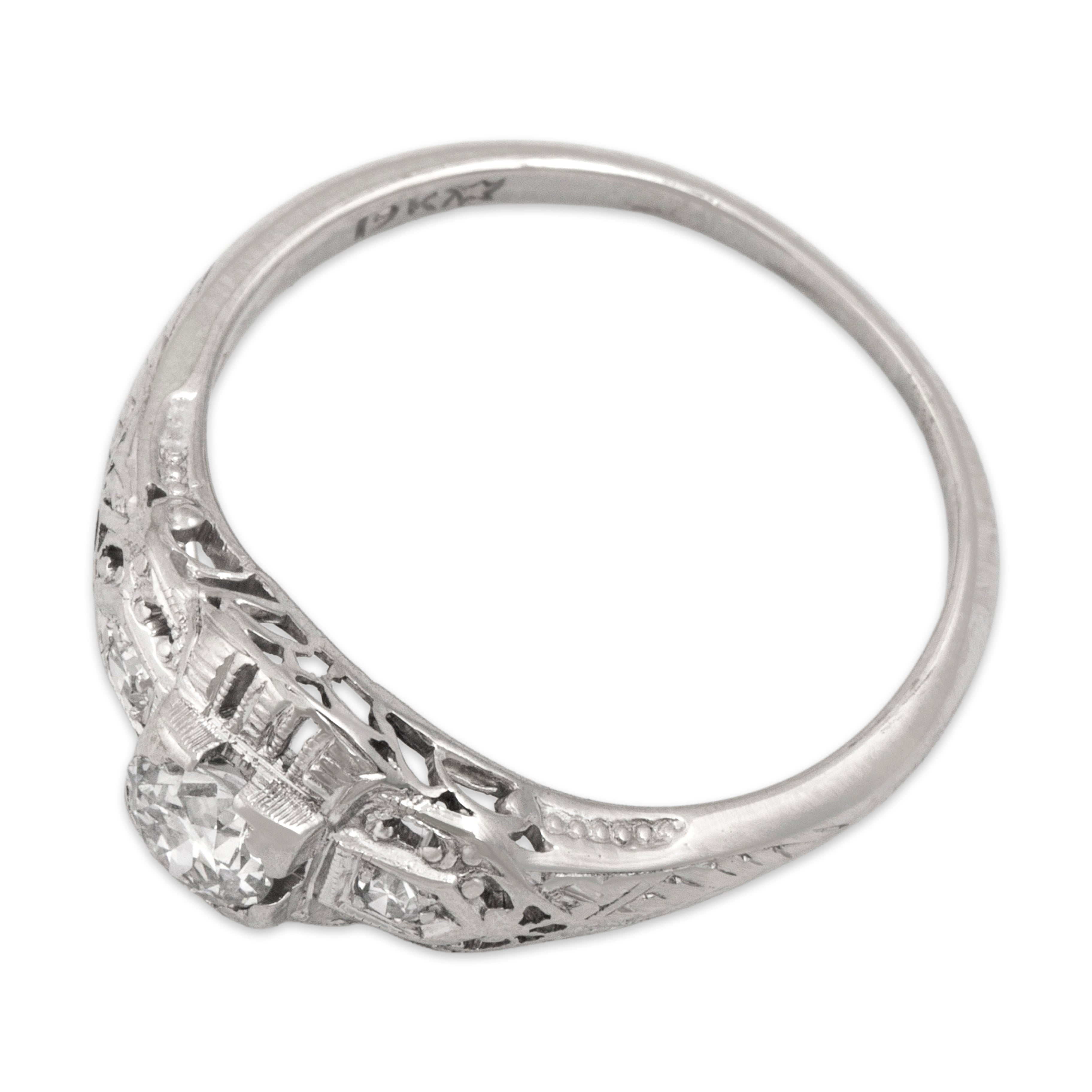 Antique Art Deco 19k White Gold Old European Cut Diamond Filigree Ring - Overall view