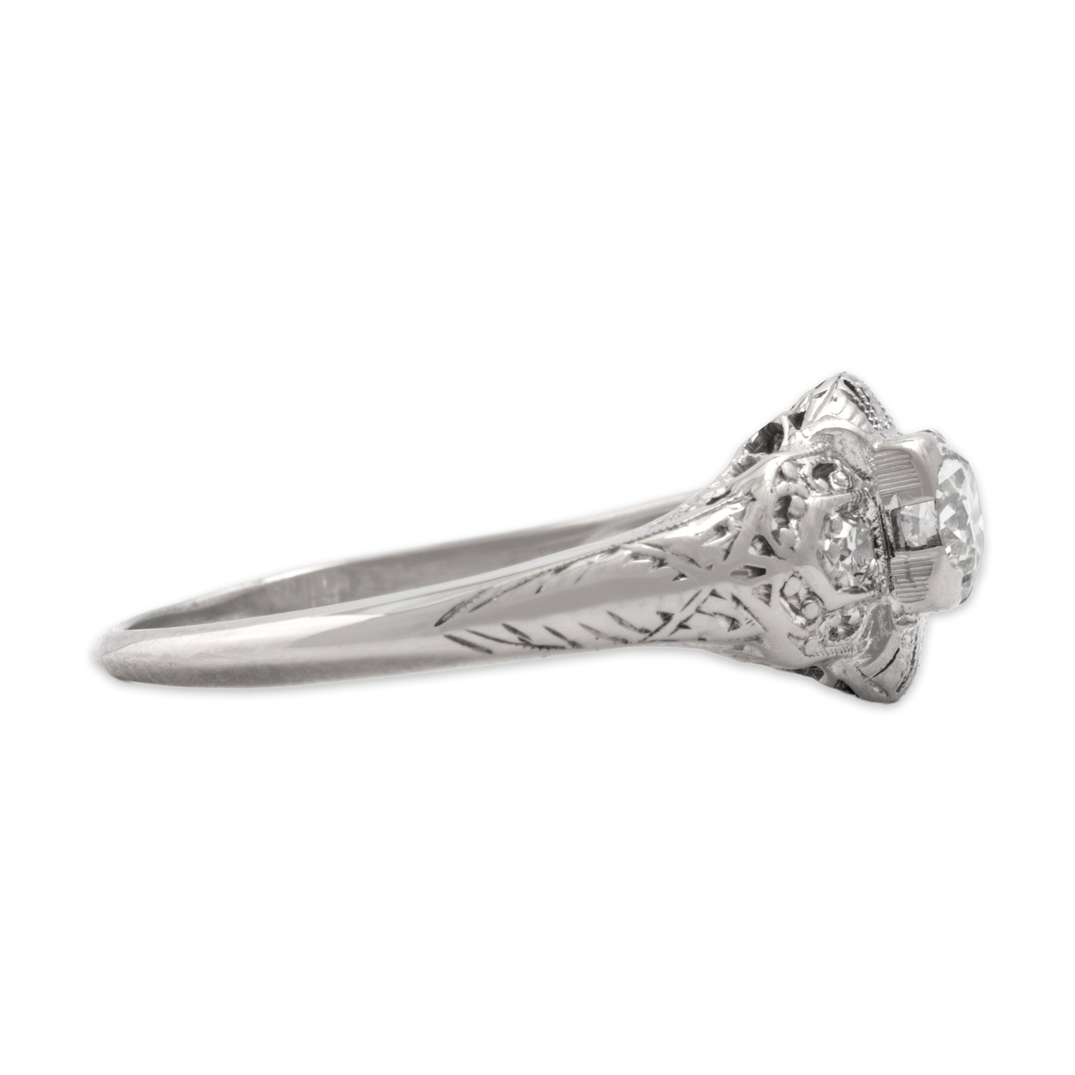 Antique Art Deco 19k White Gold Old European Cut Diamond Filigree Ring - Side view