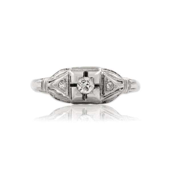 Vintage 18k White Gold Old European Cut Diamond Openwork Milgrain Ring 7.50