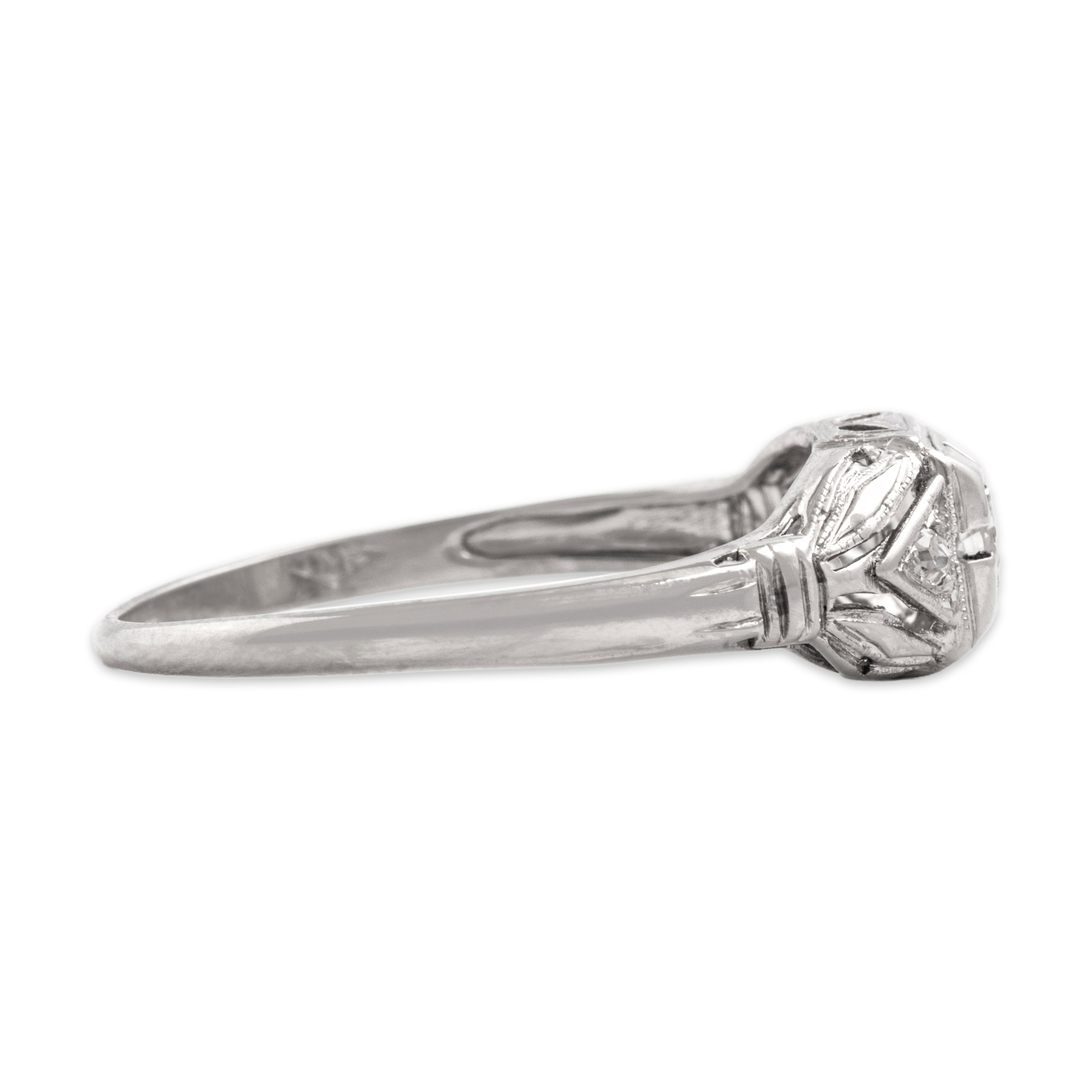 Vintage 18k White Gold Diamond Openwork Milgrain Square Setting Ring - Side view