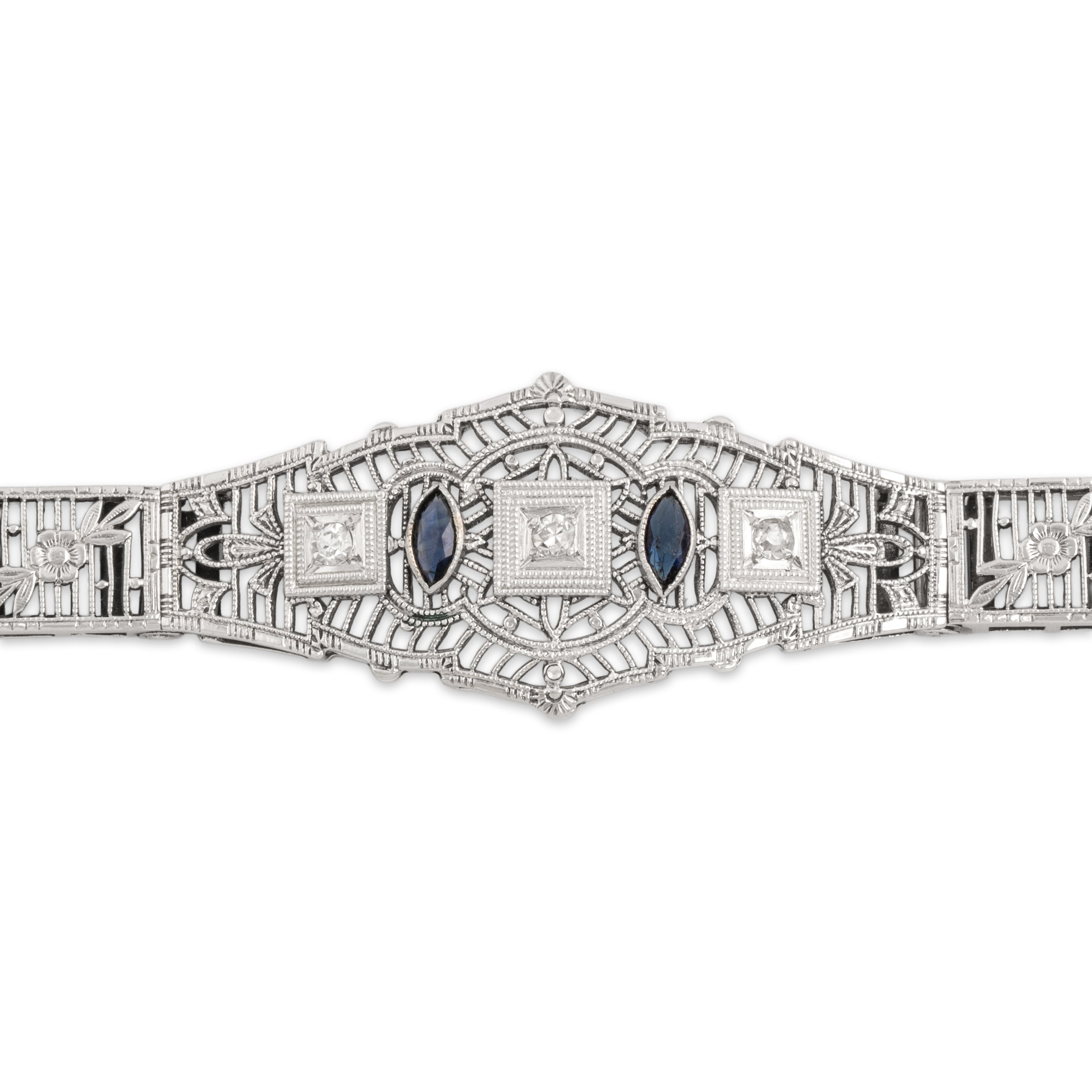 Antique Art Deco 10k White Gold Blue Sapphire Old Mine Cut Diamond Delicate Floral Filigree Bracelet - detail view #1