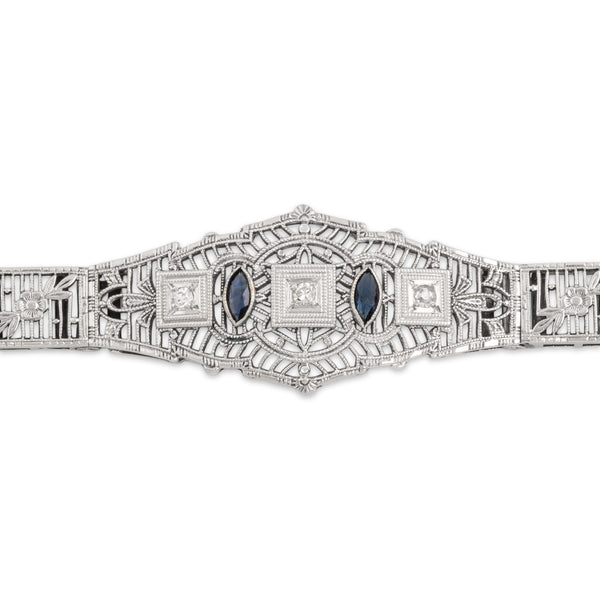 Antique Art Deco 10k White Gold Blue Sapphire Old Mine Cut Diamond Bracelet 6.75