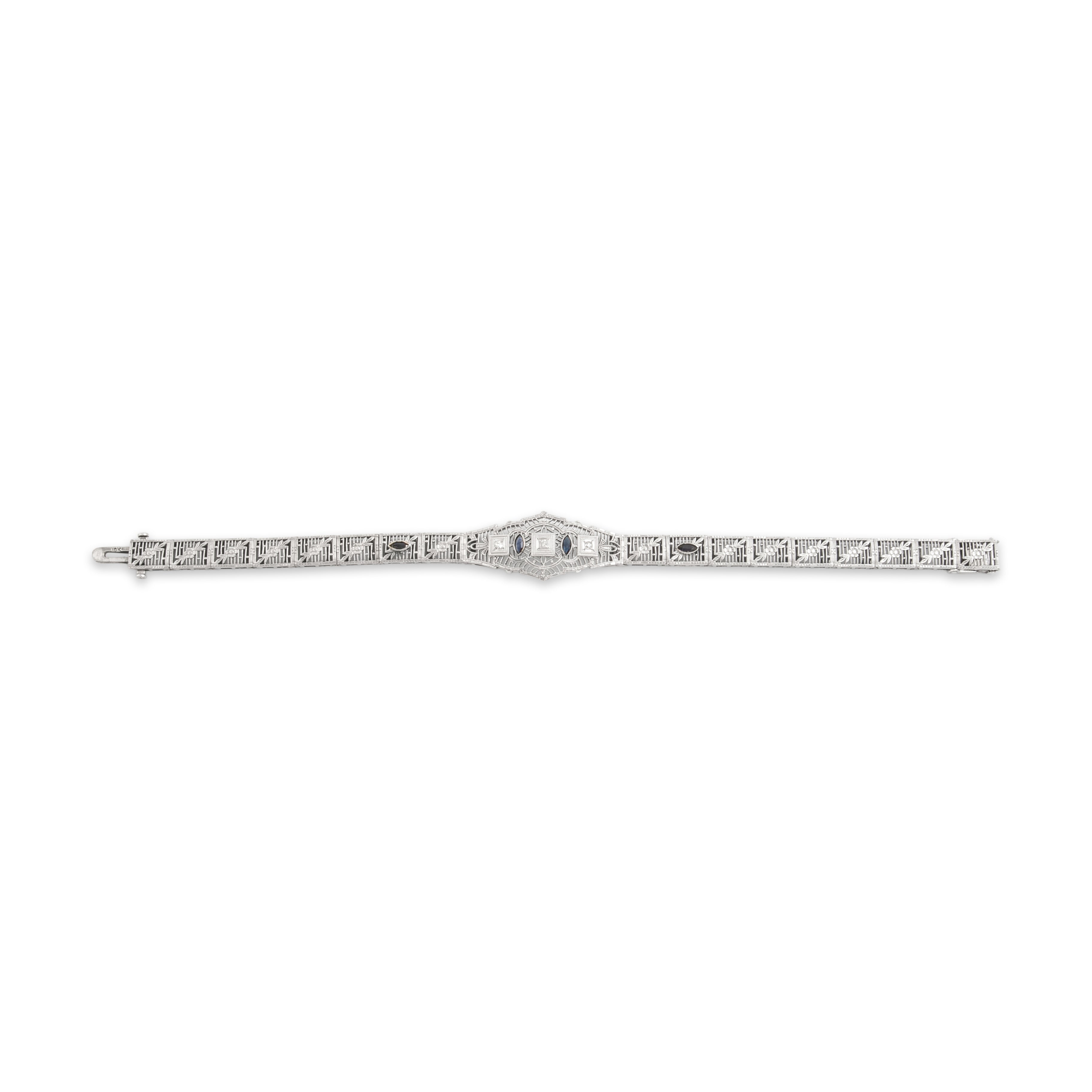 Antique Art Deco 10k White Gold Blue Sapphire Old Mine Cut Diamond Delicate Floral Filigree Bracelet - Close-up view