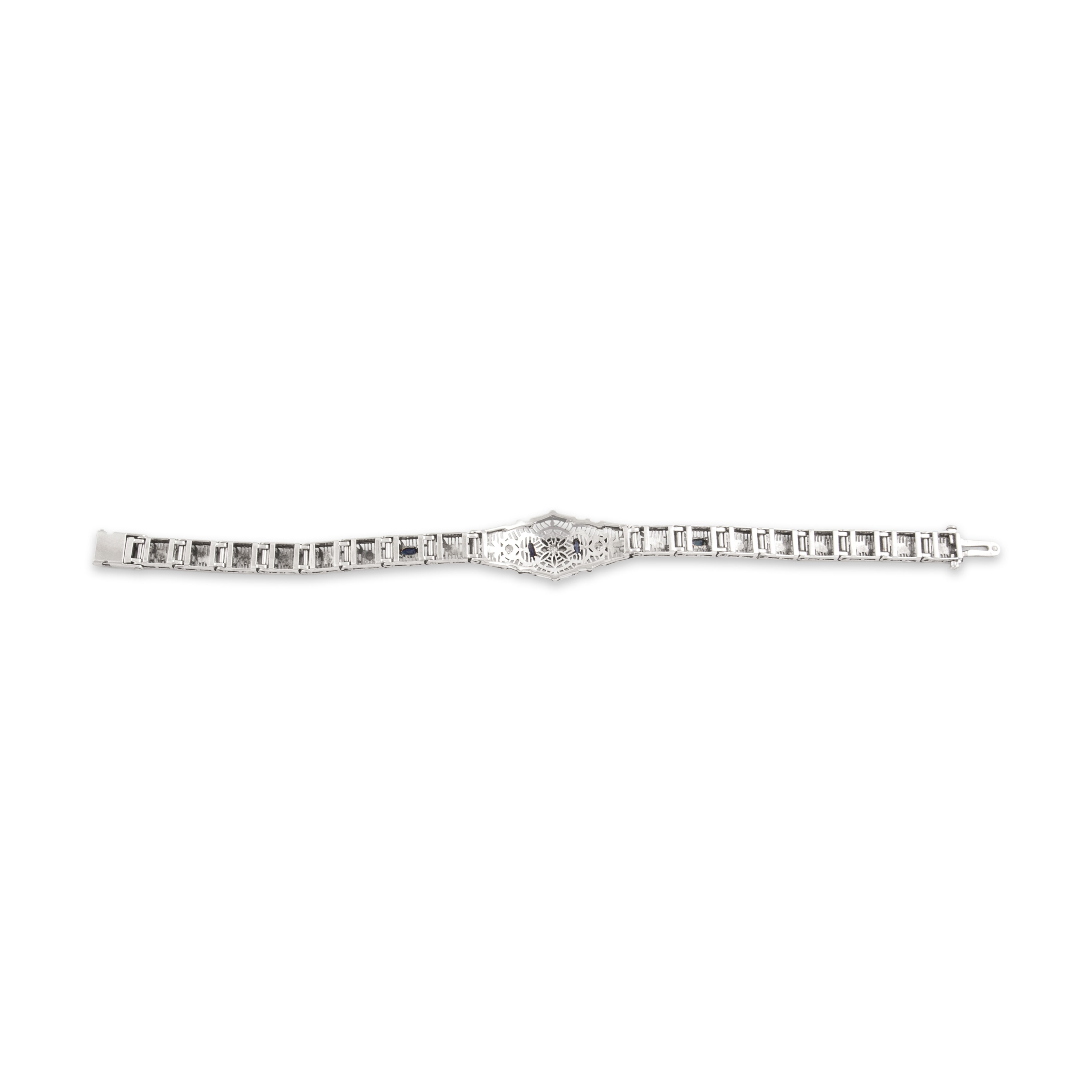 Antique Art Deco 10k White Gold Blue Sapphire Old Mine Cut Diamond Delicate Floral Filigree Bracelet - Back view