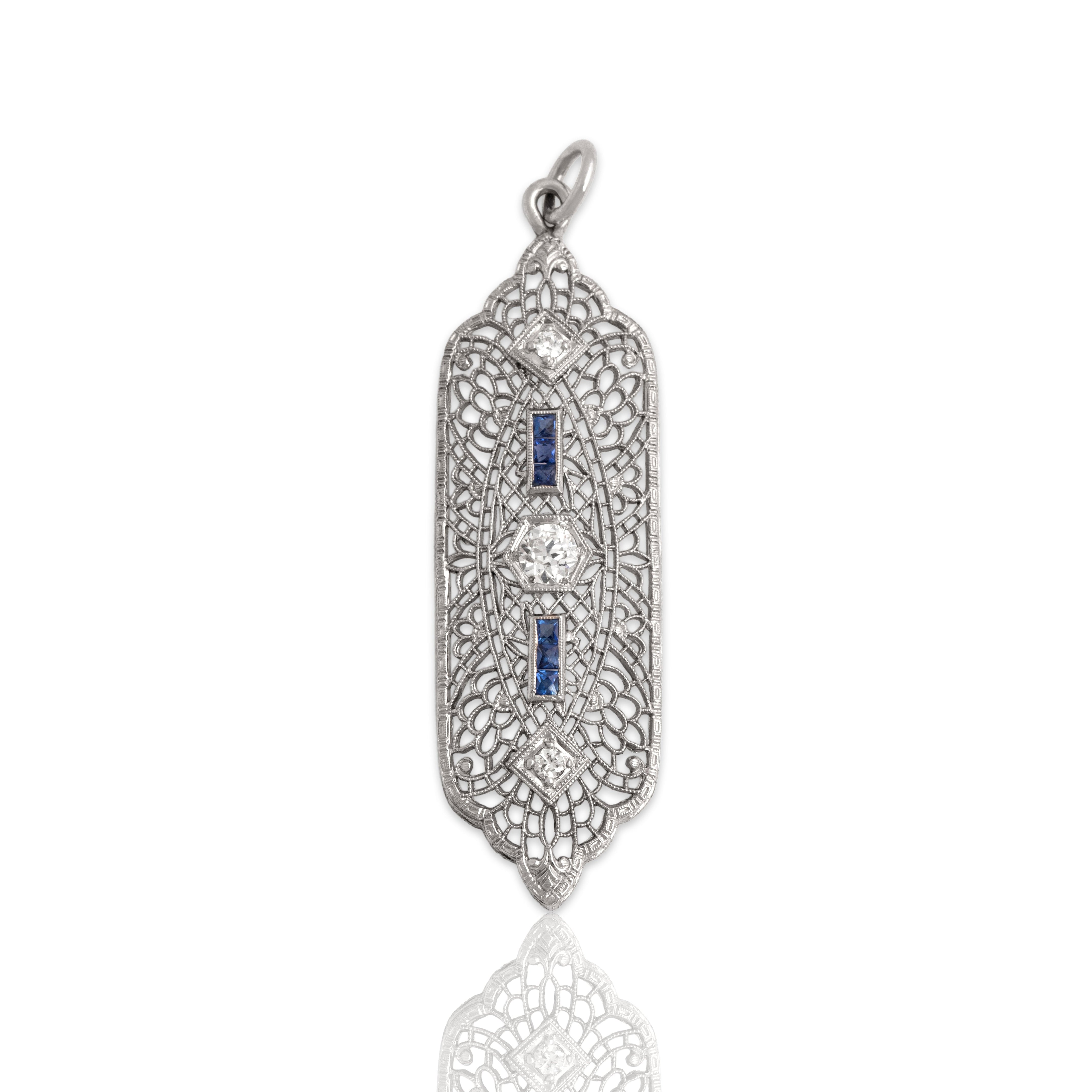 Antique Art Deco 14k White Gold Old European Cut Diamond Blue Sapphire Delicate Milgrain Openwork Pendant - Close-up view