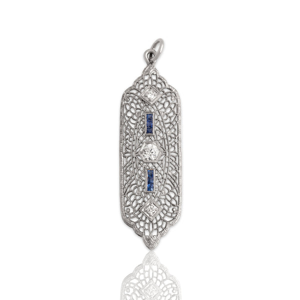 Antique Large Art Deco 14k White Gold Old European Diamond Blue Sapphire Pendant