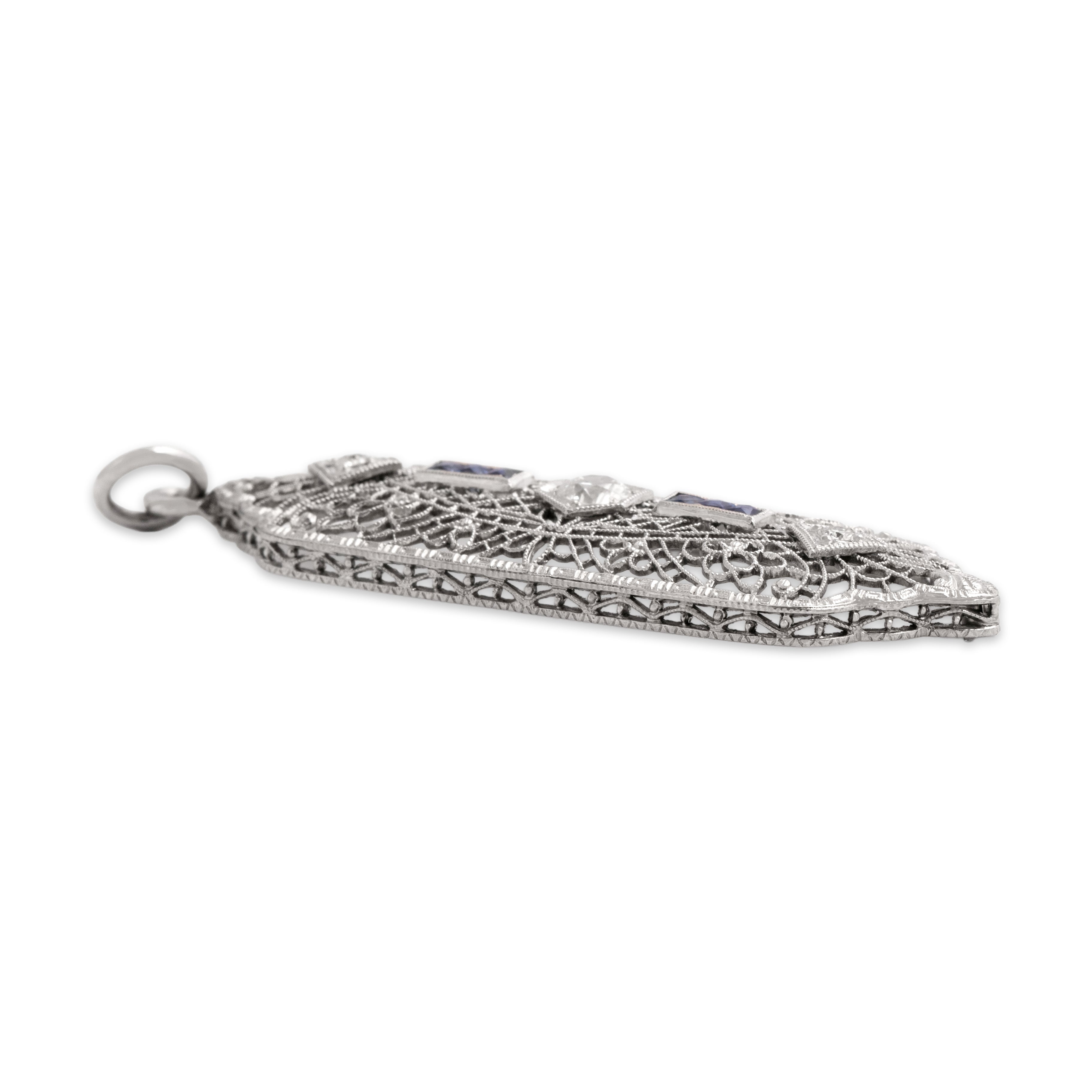 Antique Art Deco 14k White Gold Old European Cut Diamond Blue Sapphire Delicate Milgrain Openwork Pendant - Side view