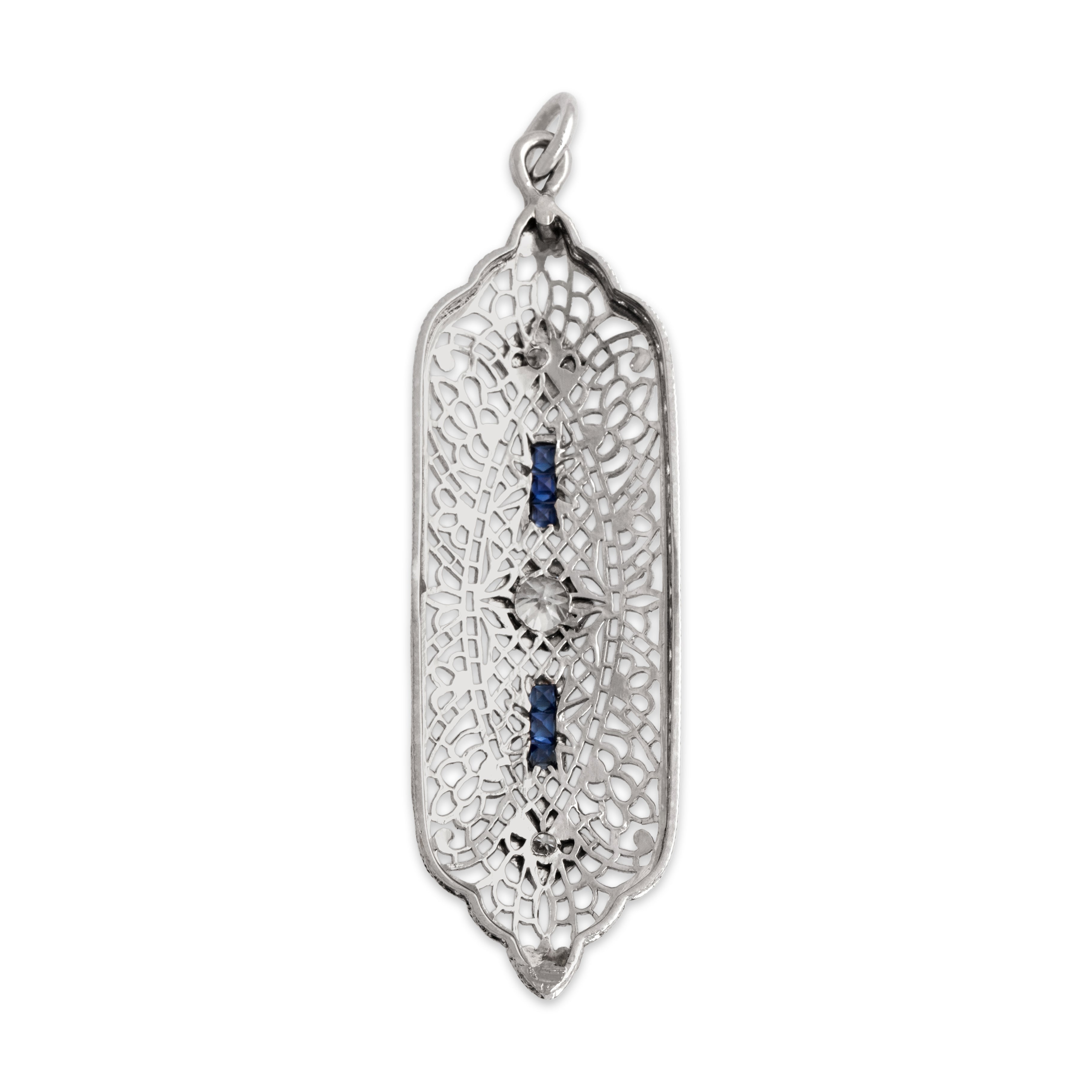 Antique Art Deco 14k White Gold Old European Cut Diamond Blue Sapphire Delicate Milgrain Openwork Pendant - Back view
