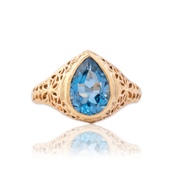 Vintage Church & Company 14k Rosy Yellow Gold 2.06ct Blue Topaz Blossoming Ring 5.75