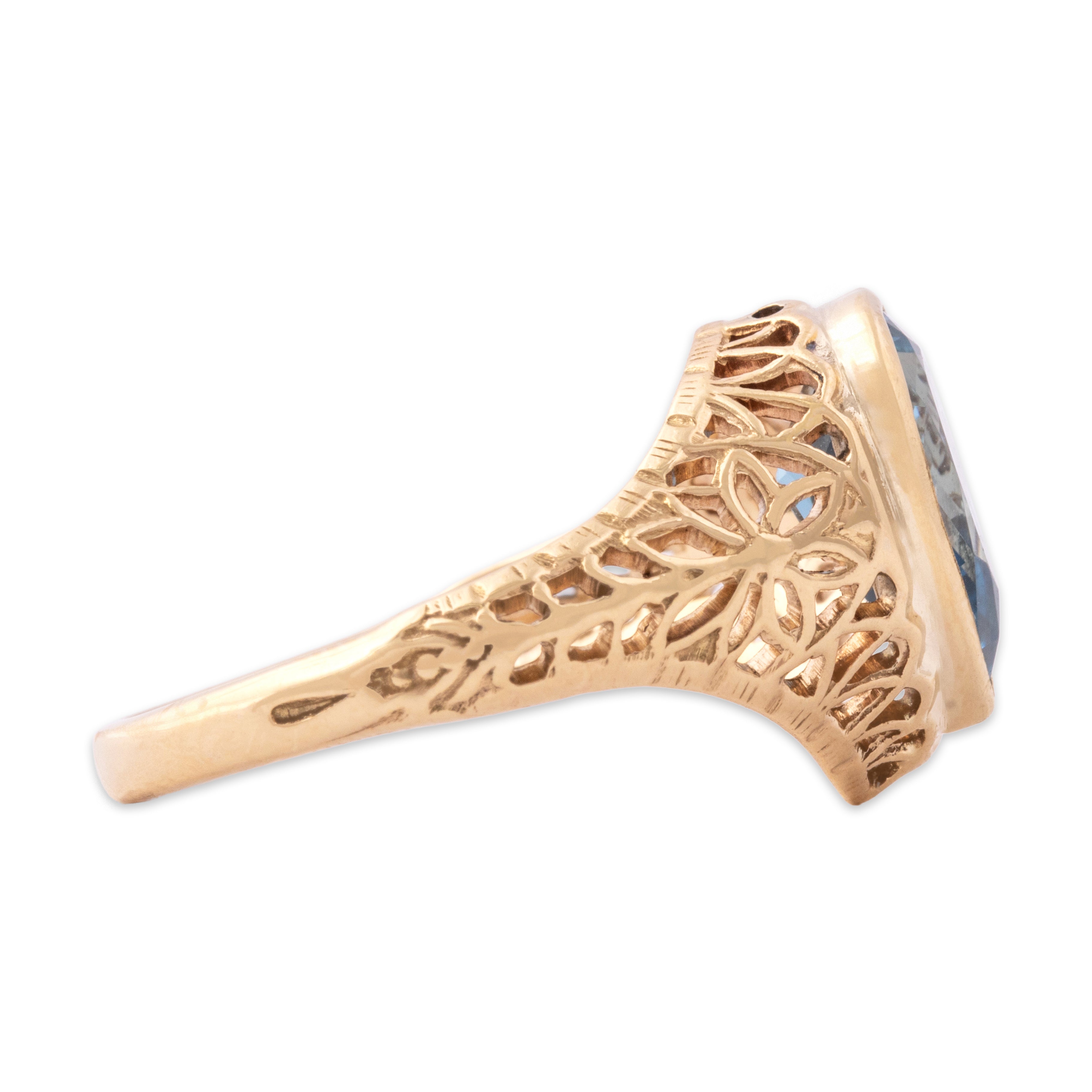 Vintage Church & Company 14k Rosy Yellow Gold 2.06ct Blue Topaz Blossoming Ring - Side view