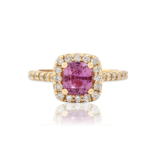 Estate 14k Yellow Gold 1.42ct Pink Sapphire Diamond Stellar Cushion Halo Ring 6.75