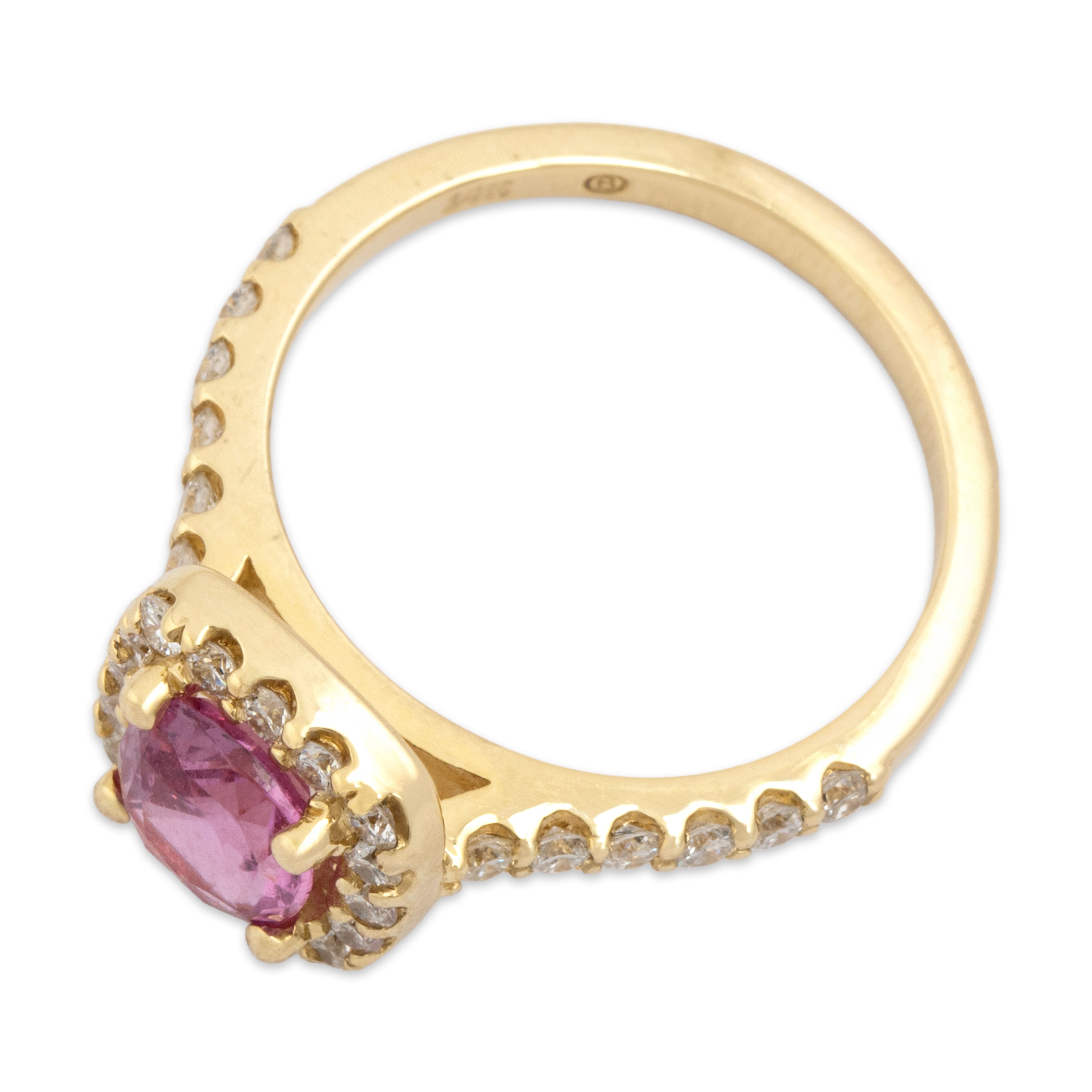 Estate 14k Yellow Gold 1.32ct Pink Sapphire Diamond Incredible Cushion Halo Ring - Overall view