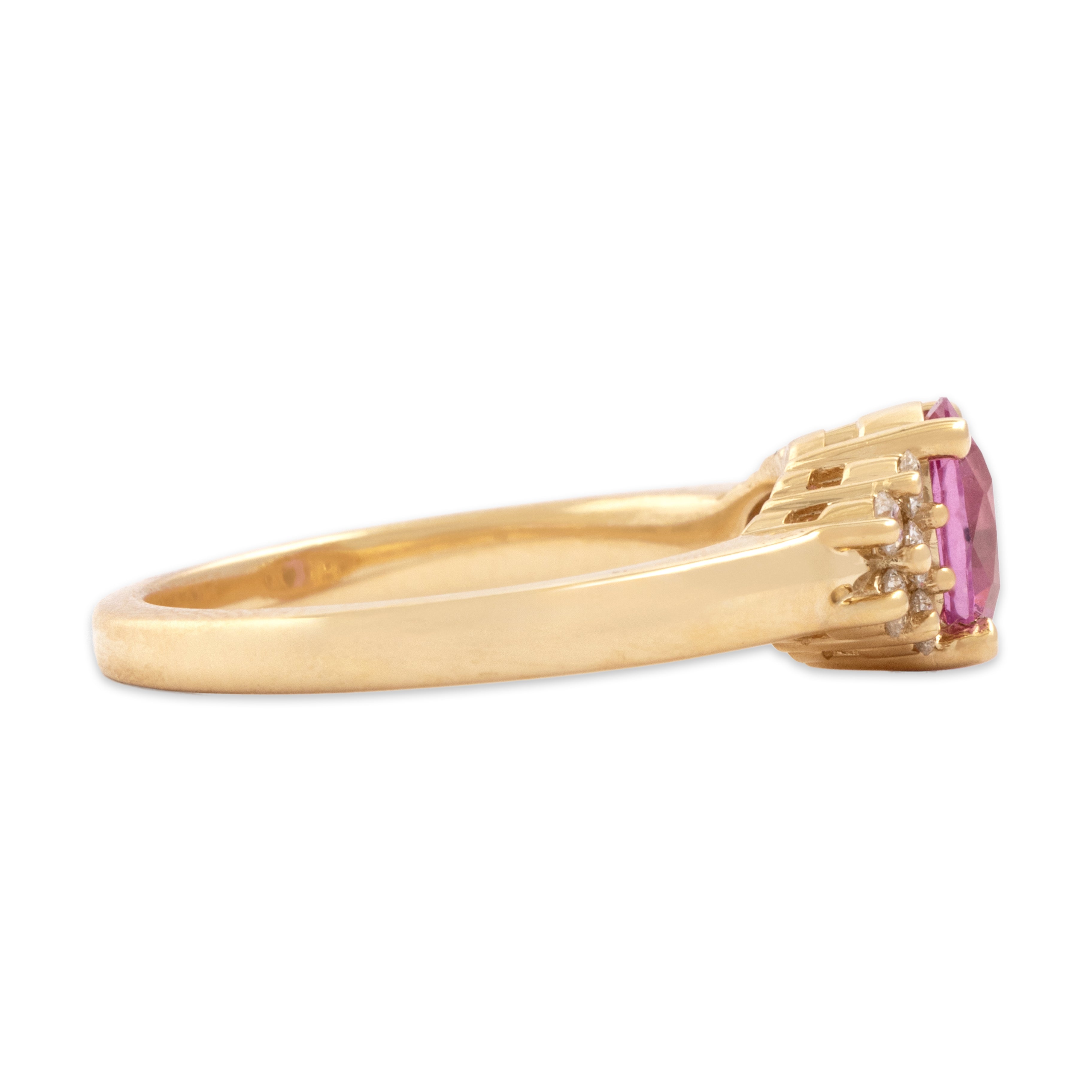 Estate 14k Yellow Gold 1.09ct Pink Sapphire Diamond Incredible Vibrant Cluster Shoulder Ring - Side view