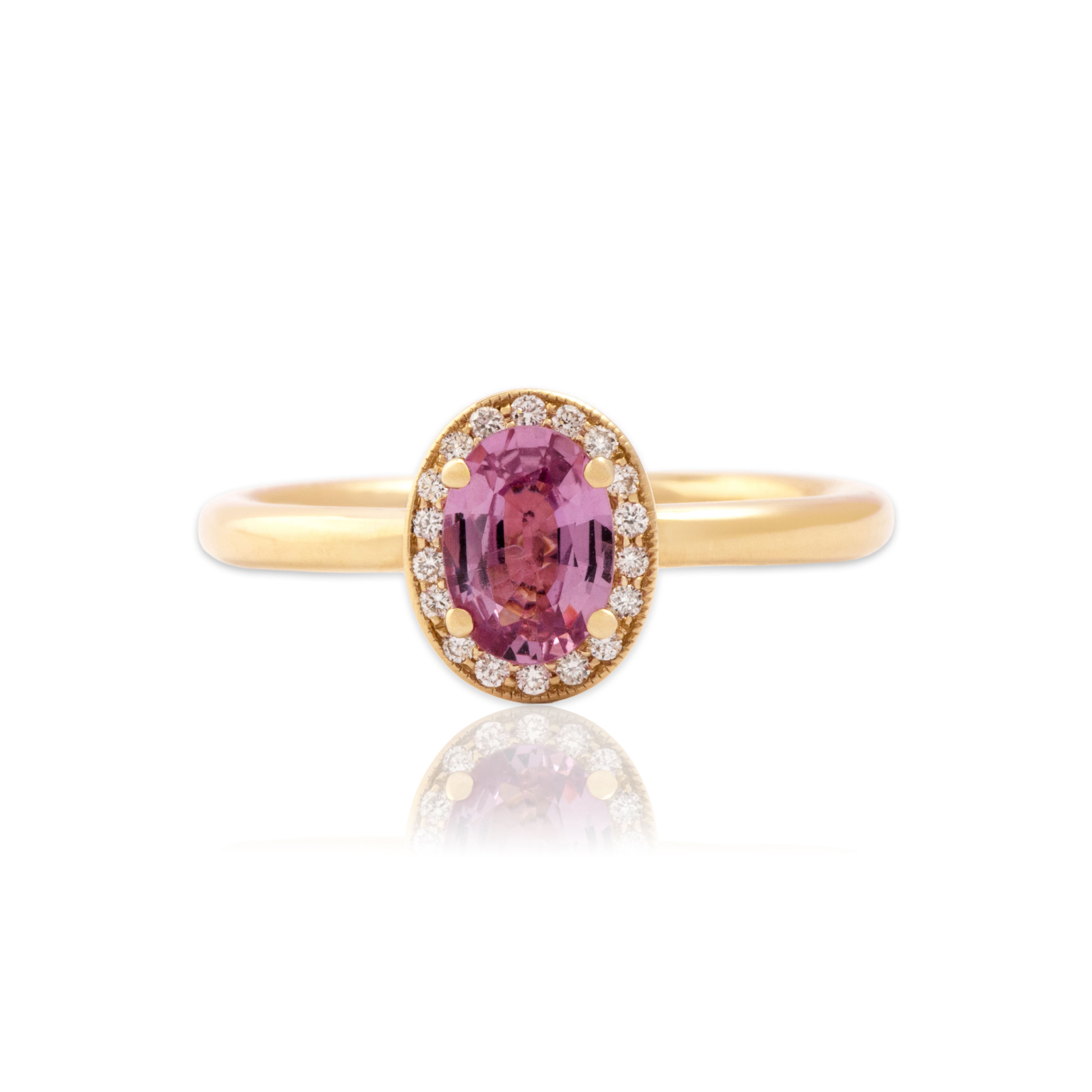 Estate 14k Yellow Gold .72ct Pink Sapphire Diamond Sparkling Oval Halo Ring 6.50