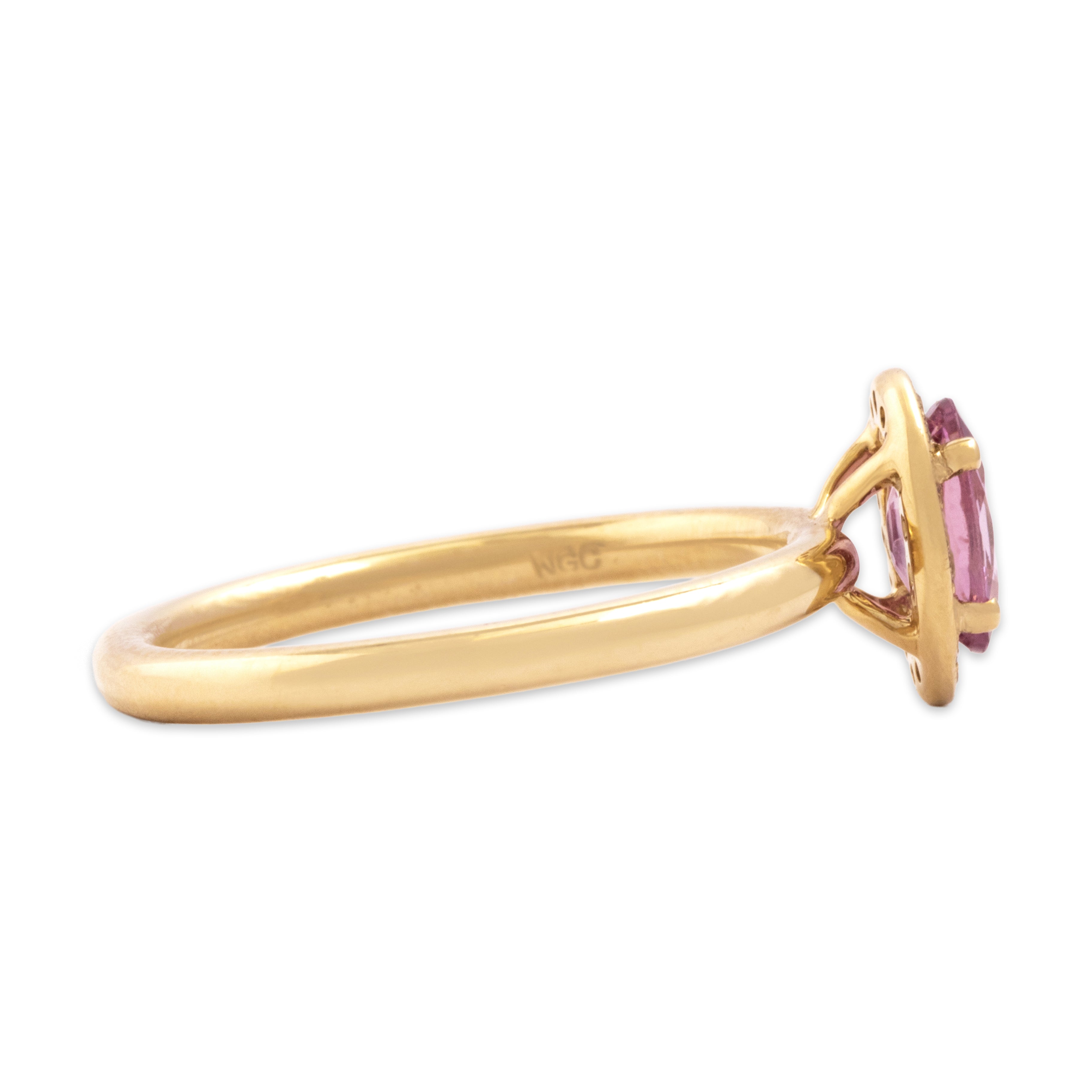 Estate 14k Yellow Gold .72ct Pink Sapphire Diamond Glittering Oval Halo Ring - Side view