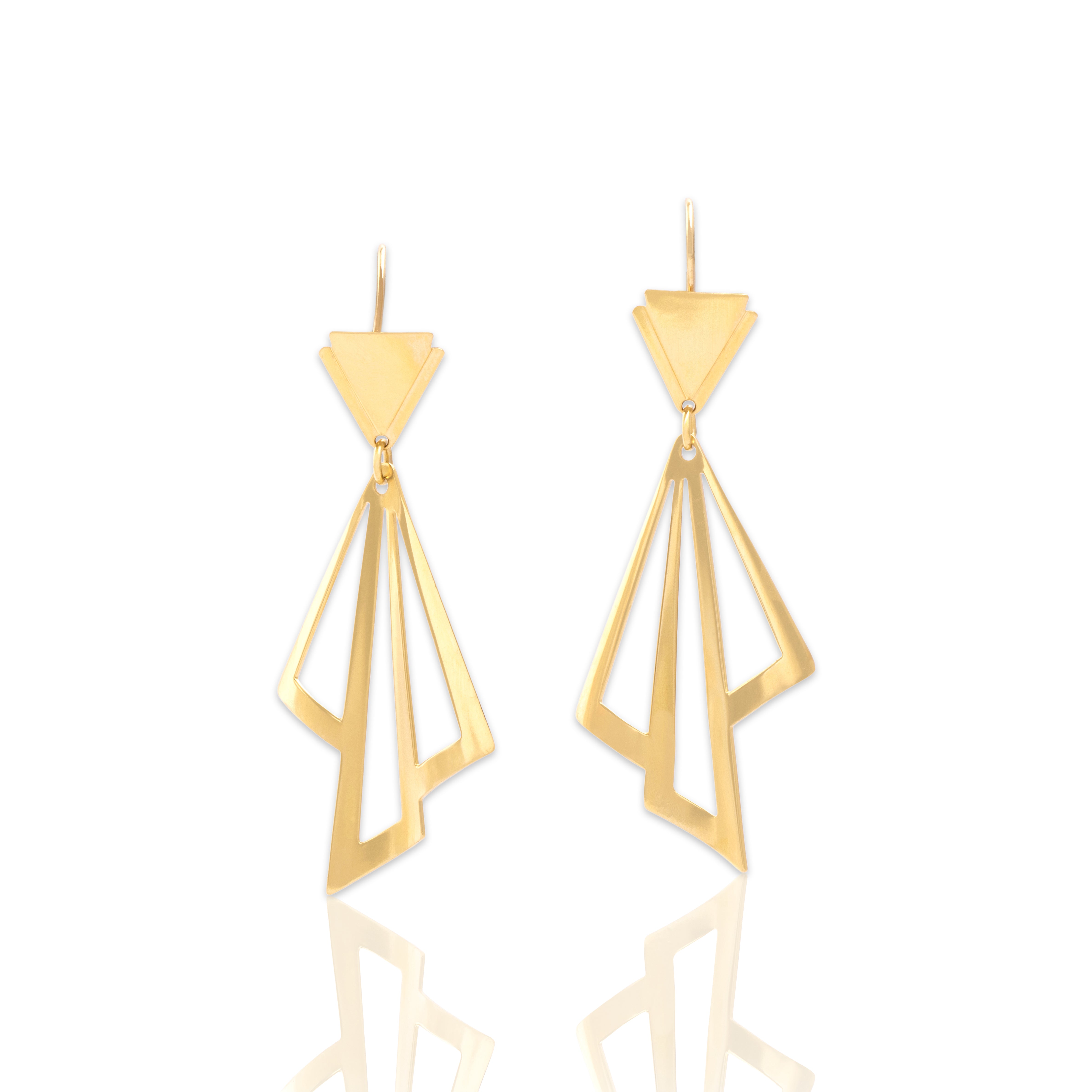 Vintage Italian 18k Yellow Gold Geometric Fan Statement Dangle Earrings - Close-up view