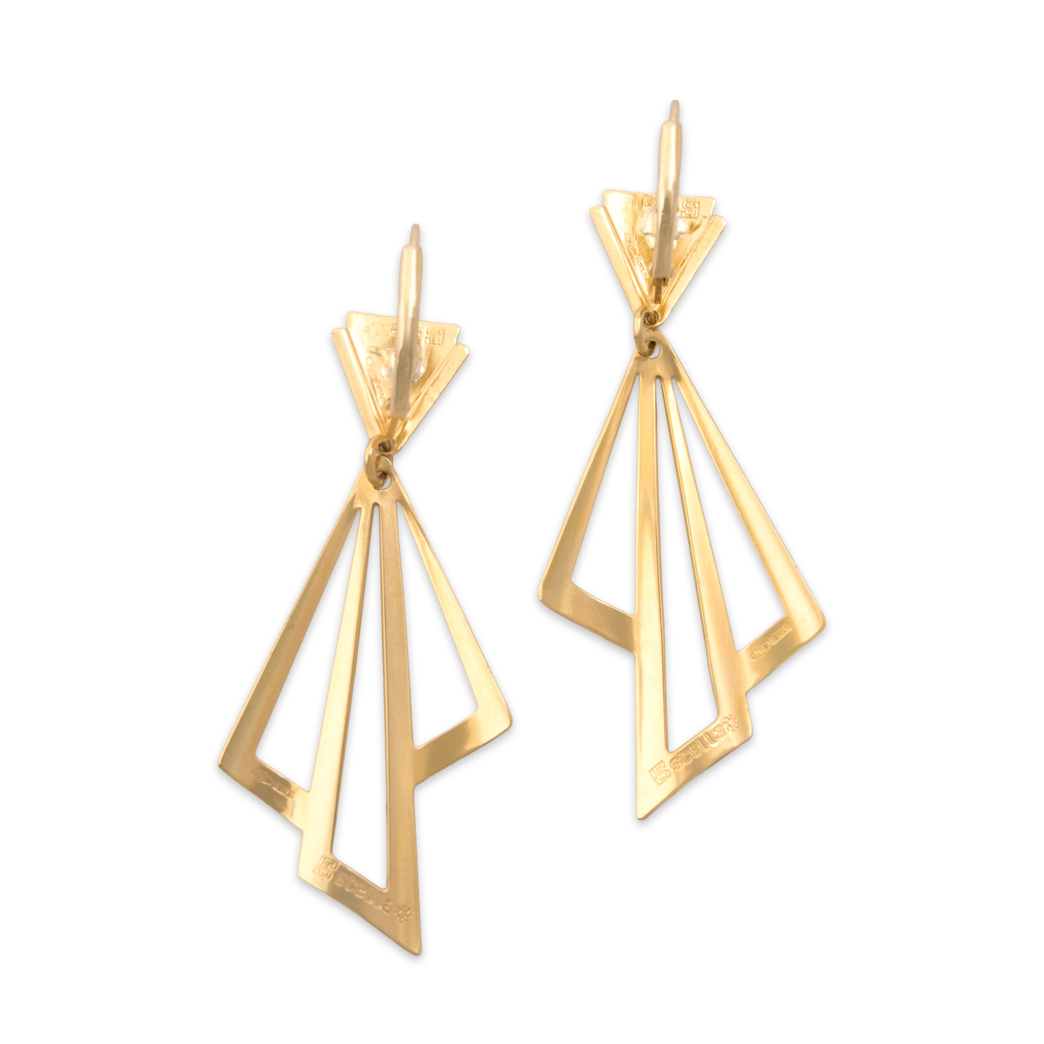 Vintage Italian 18k Yellow Gold Geometric Fan Gleaming Dangle Earrings