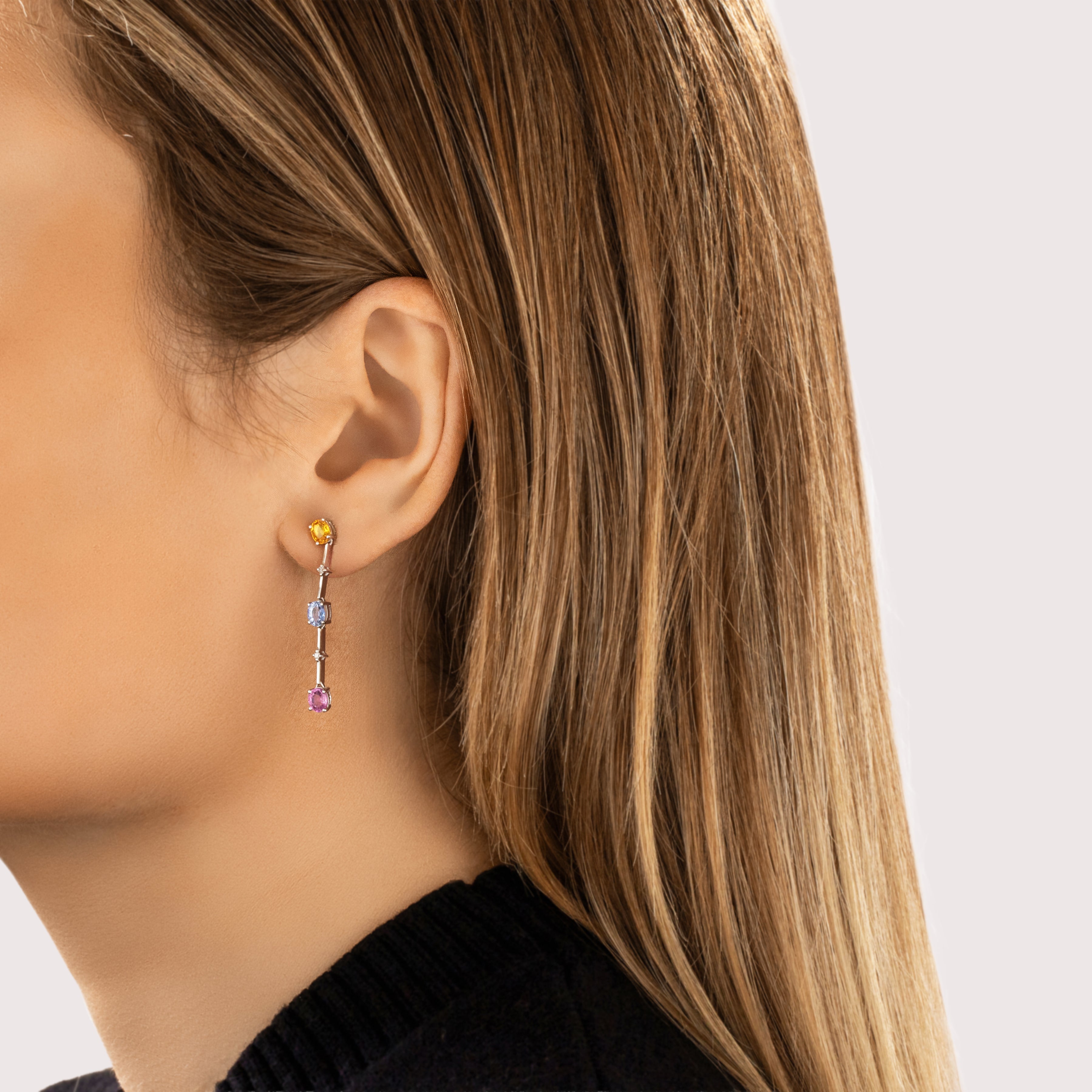 Estate 14k White Gold 1.7cttw Sapphire Diamond Chic Pastel Drop Dangle Earrings - On model view