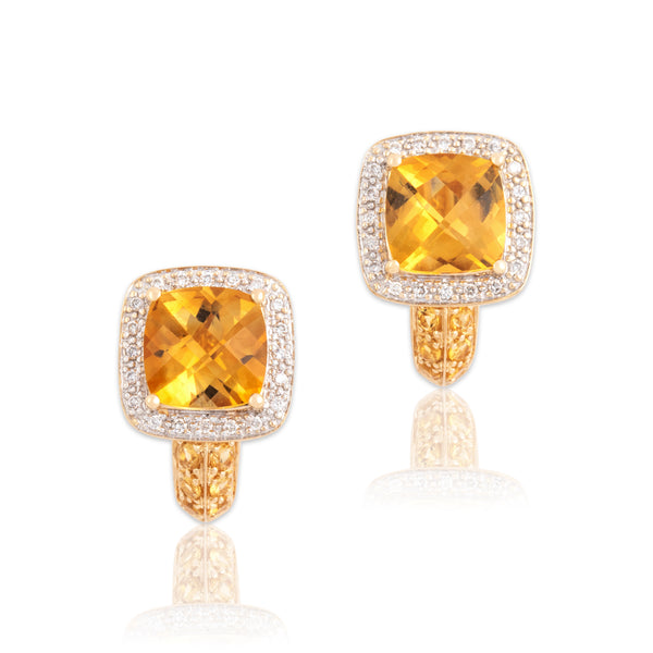 Vintage 14k Yellow Gold 5.87cttw Citrine Diamond Checkerboard Cushion Earrings