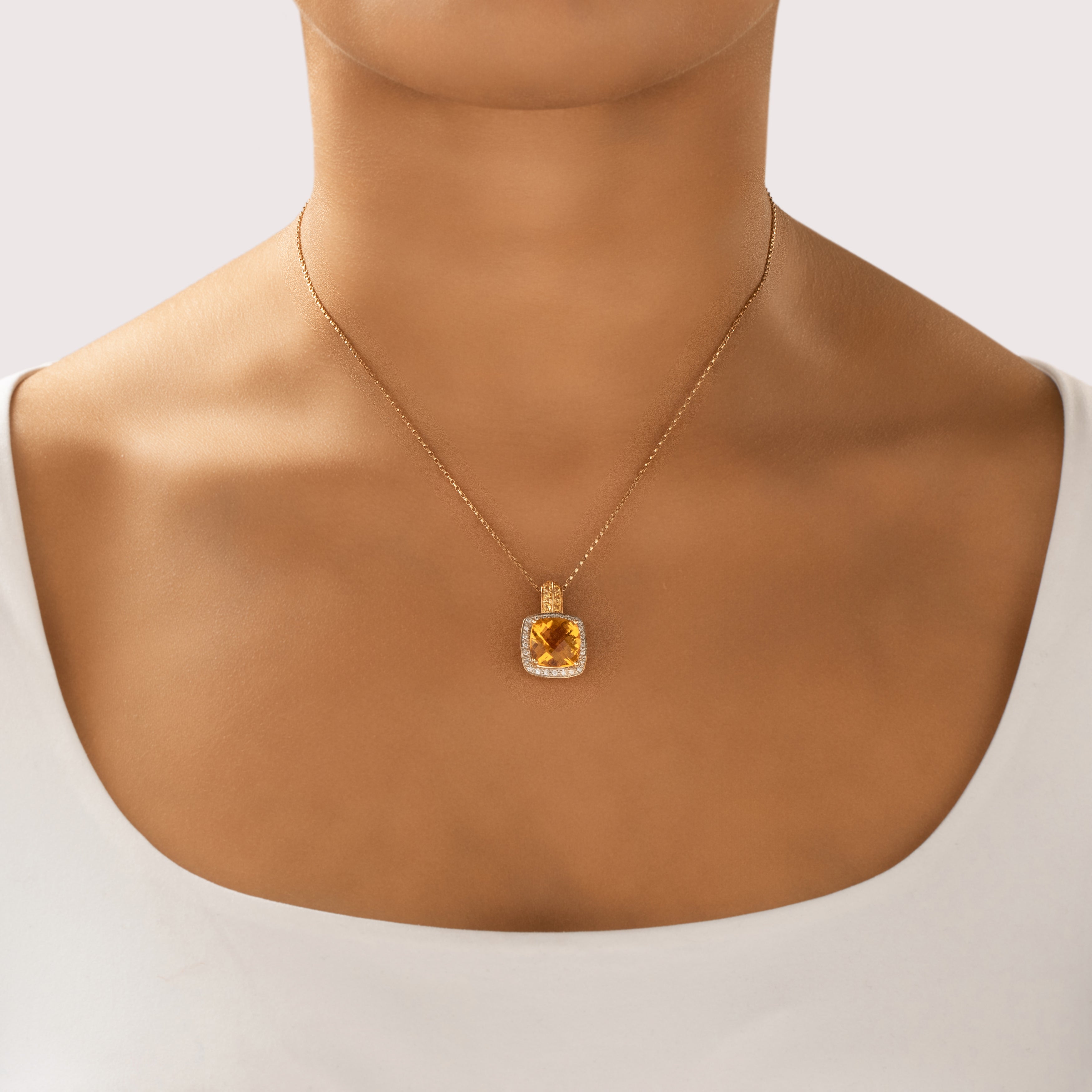 Vintage 14k Yellow & White Gold 7.49cttw Citrine Diamond Checkerboard Pendant - On model view