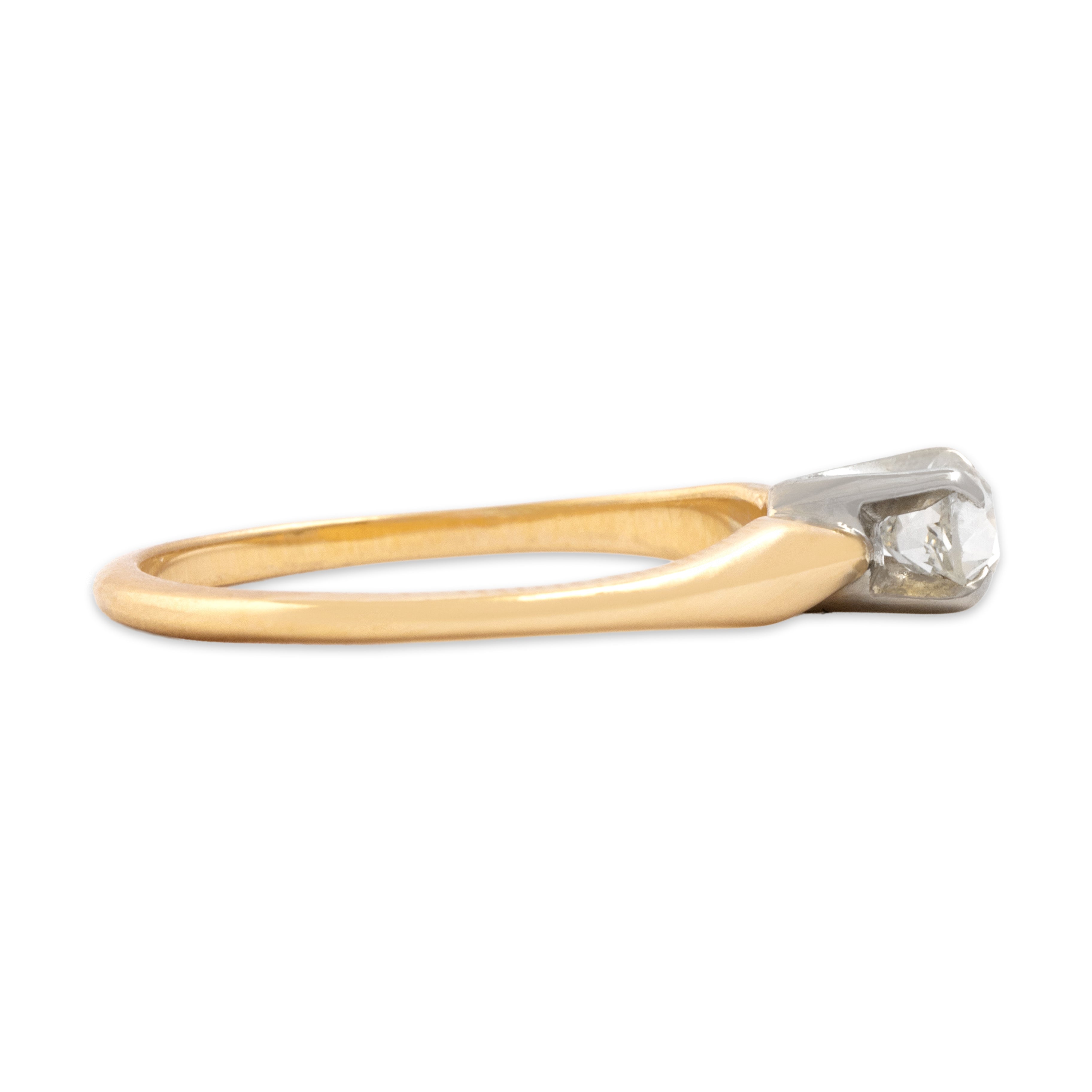 Vintage 14k Yellow & White Gold Old Mine Cut Diamond Dainty Tapered Shoulder Solitaire Ring - Side view