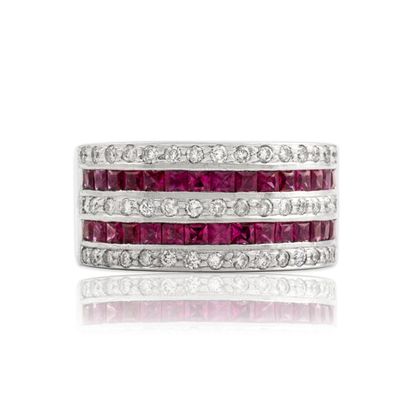 Vintage 14k White Gold .89cttw Ruby Diamond Wide Bold Channel Set Band Ring 6.50