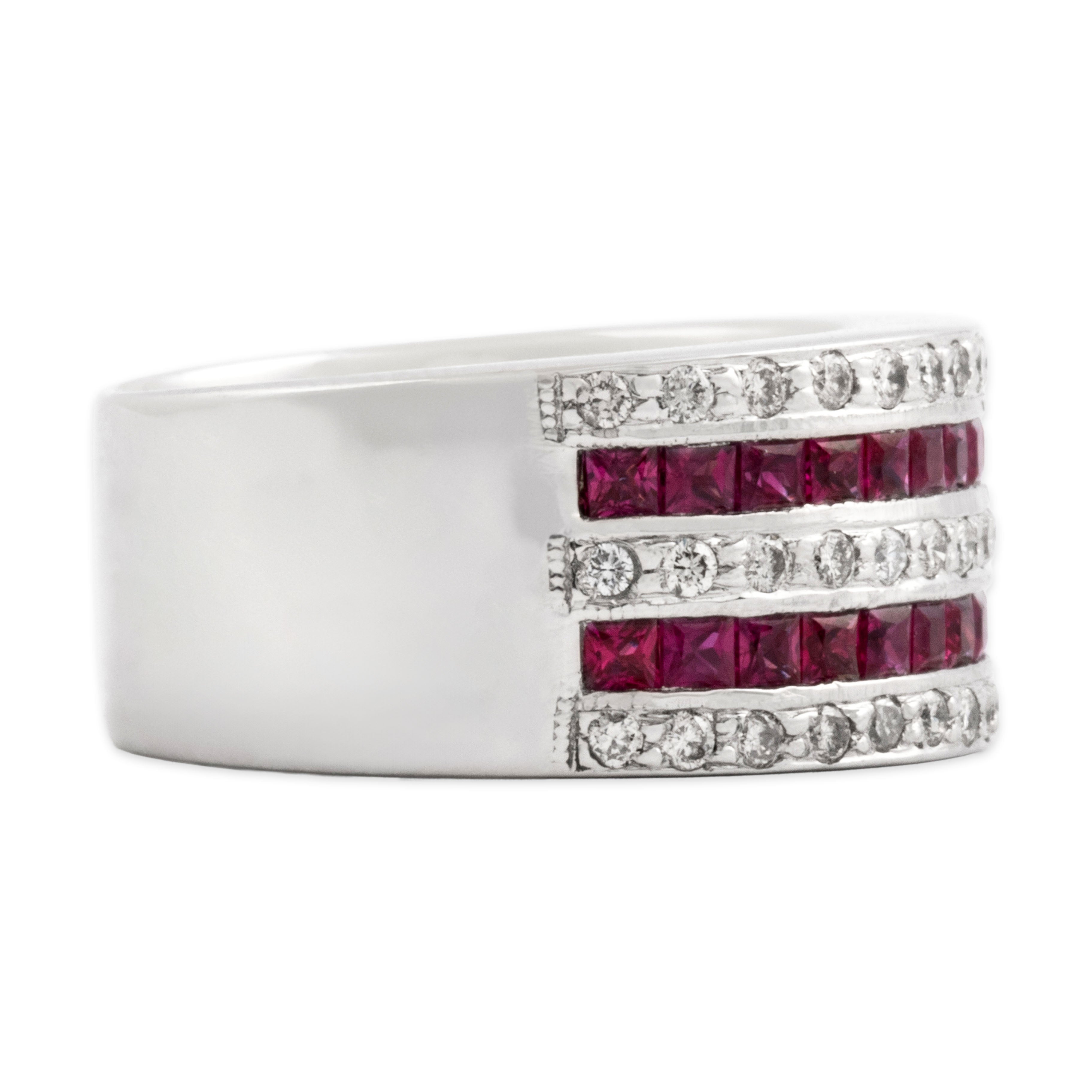 Vintage 14k White Gold .89cttw Ruby Diamond Wide Bold Channel Set Band Ring 6.50